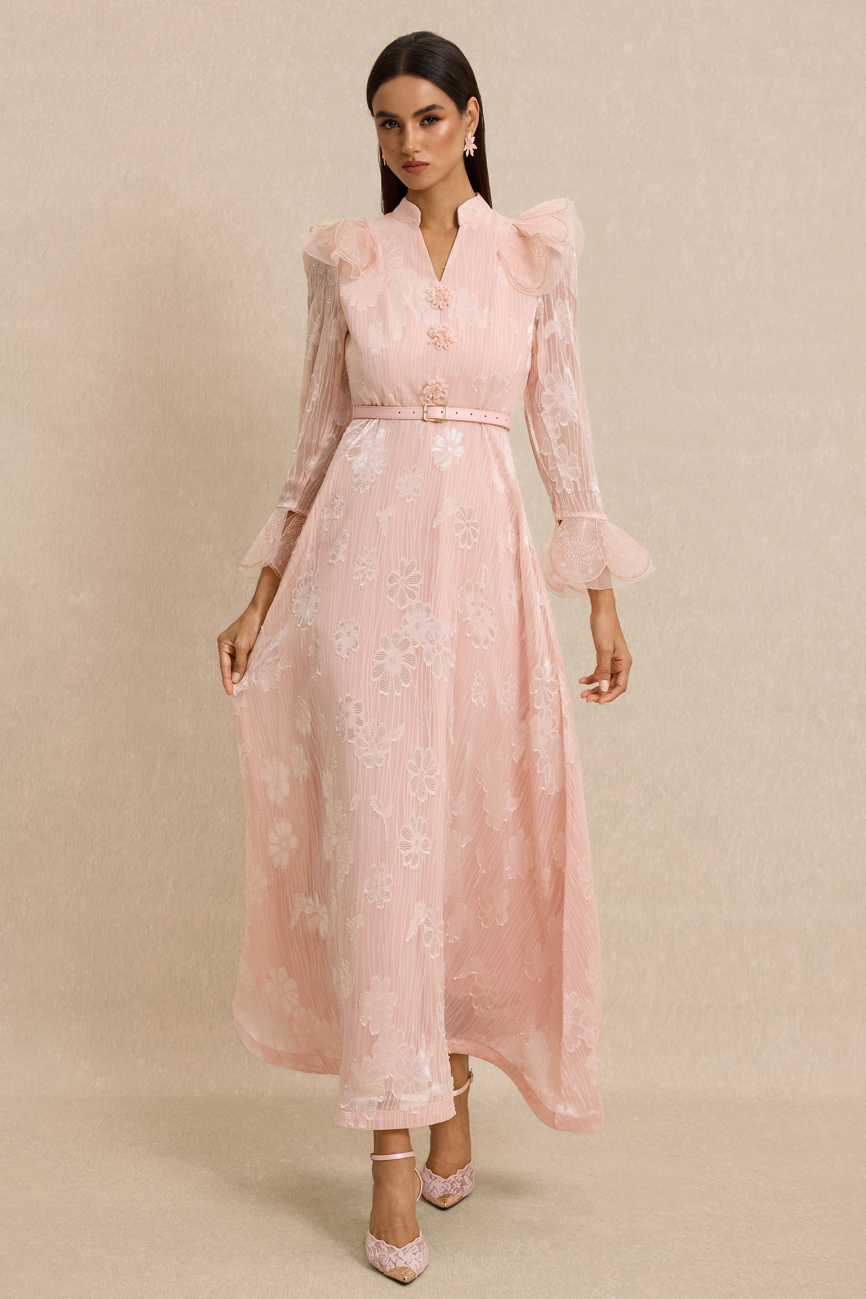 Burn-Out Beaded Button Midi Dress With Belt