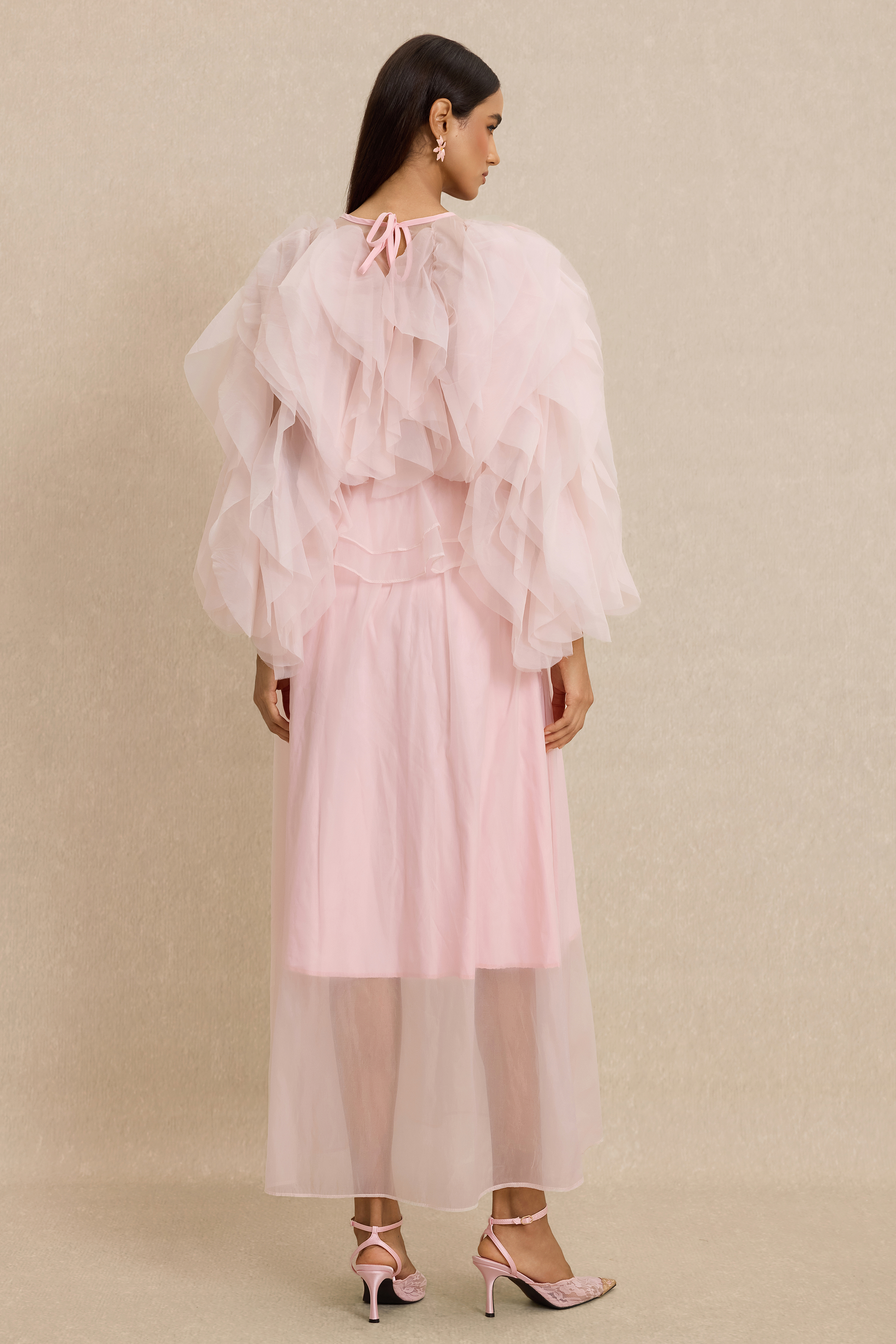 Round Neck Long Sleeve Ruffle Midi Dress