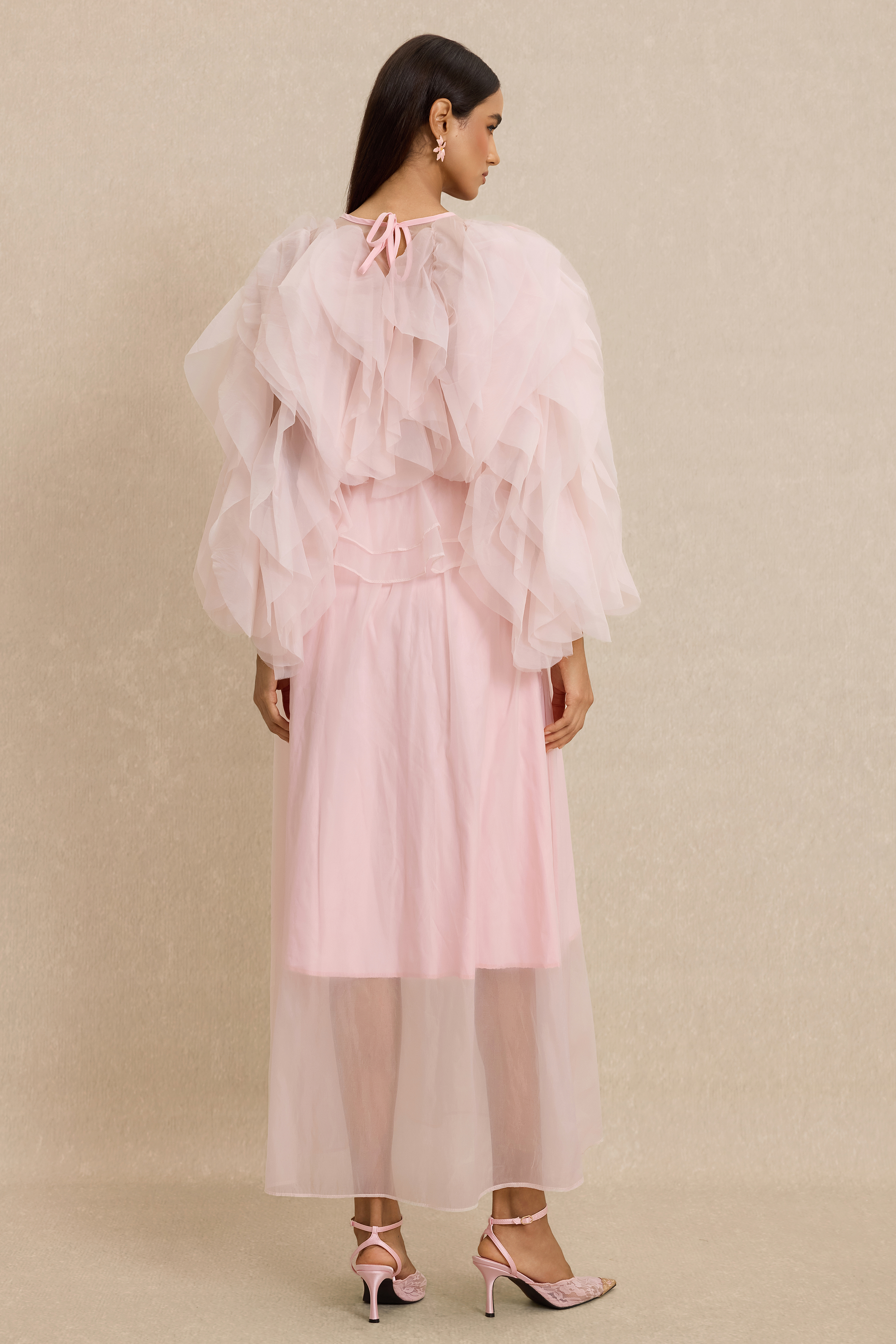 Round Neck Long Sleeve Ruffle Midi Dress