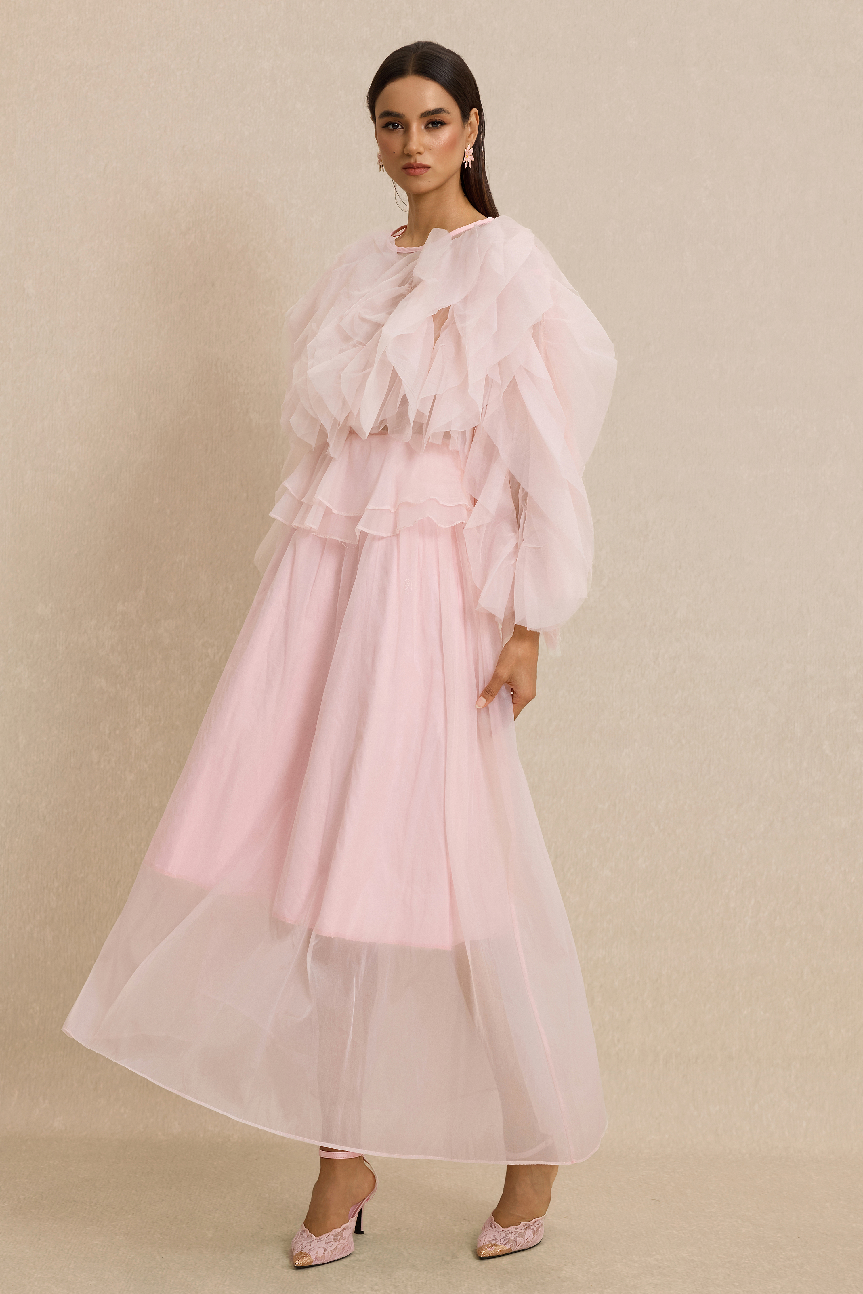 Round Neck Long Sleeve Ruffle Midi Dress