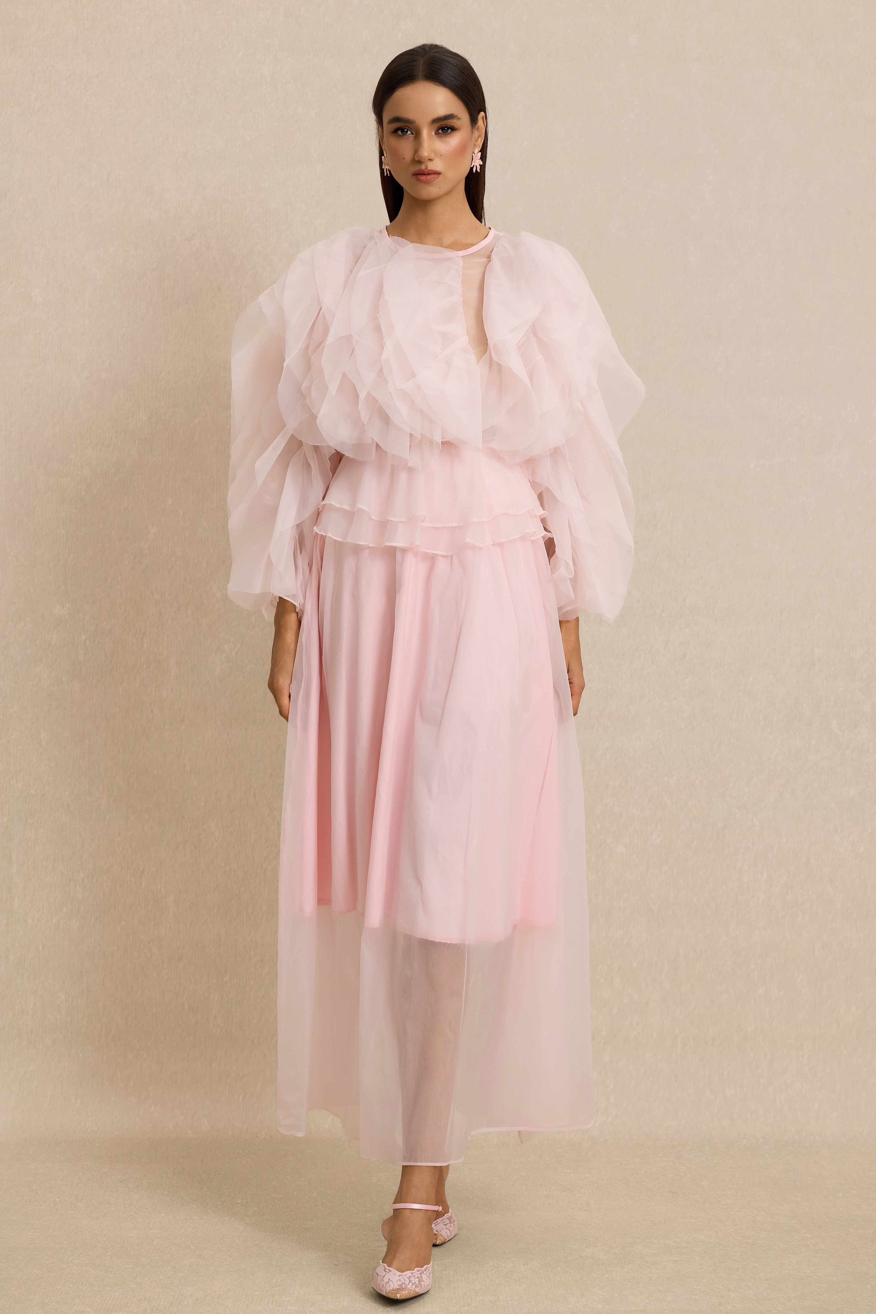 Round Neck Long Sleeve Ruffle Midi Dress