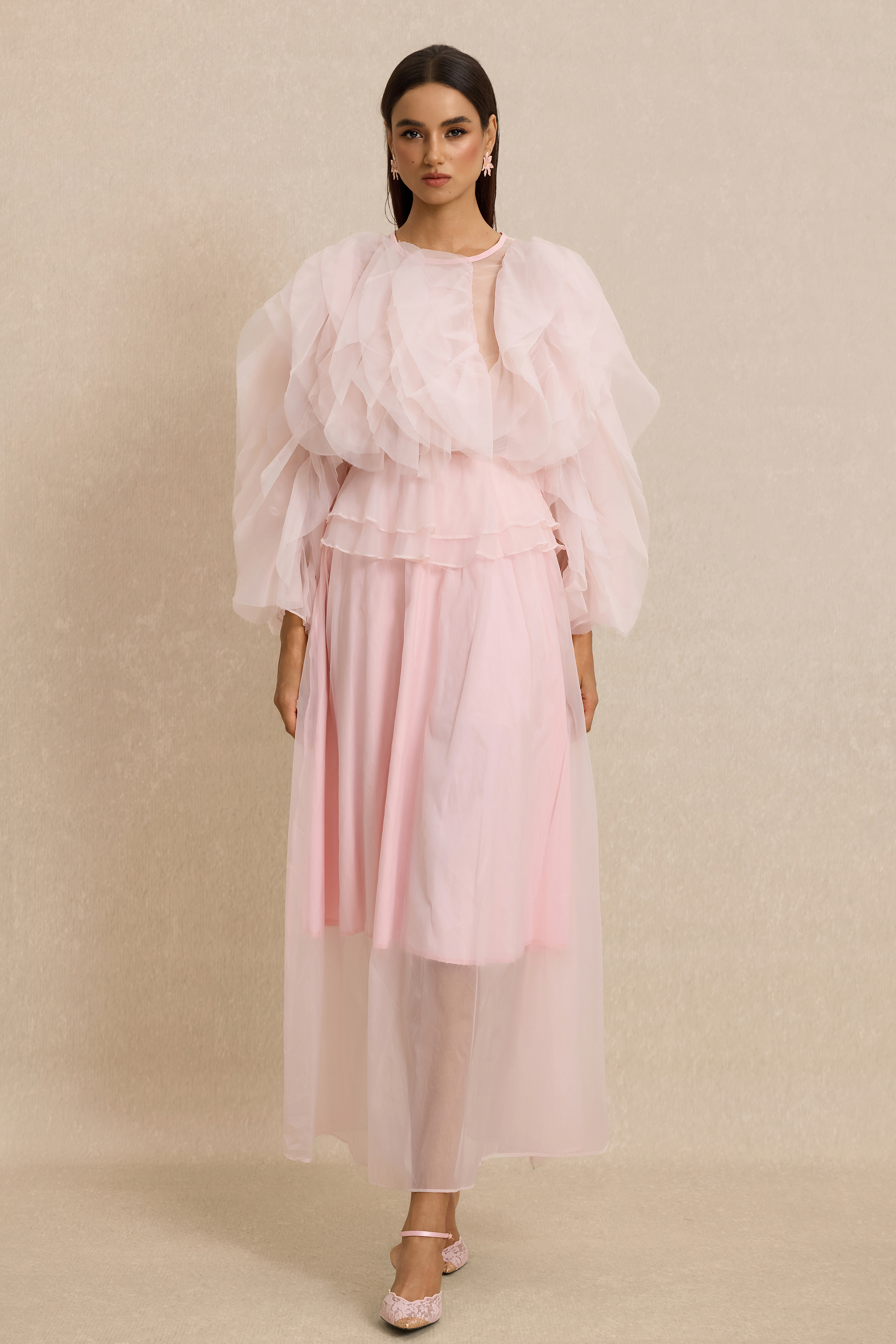 Round Neck Long Sleeve Ruffle Midi Dress