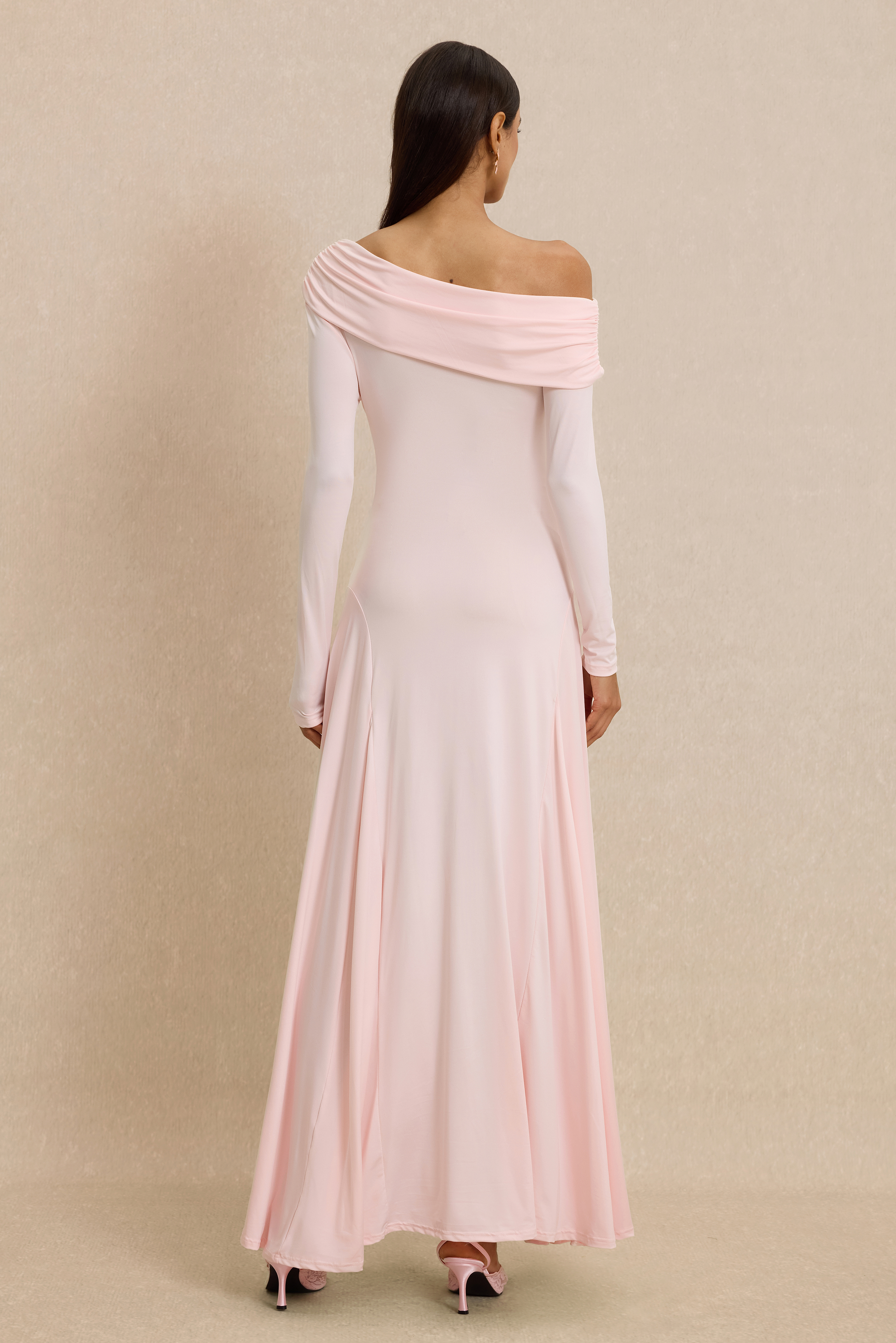 Solid Skew Collar Gathering Maxi Dress