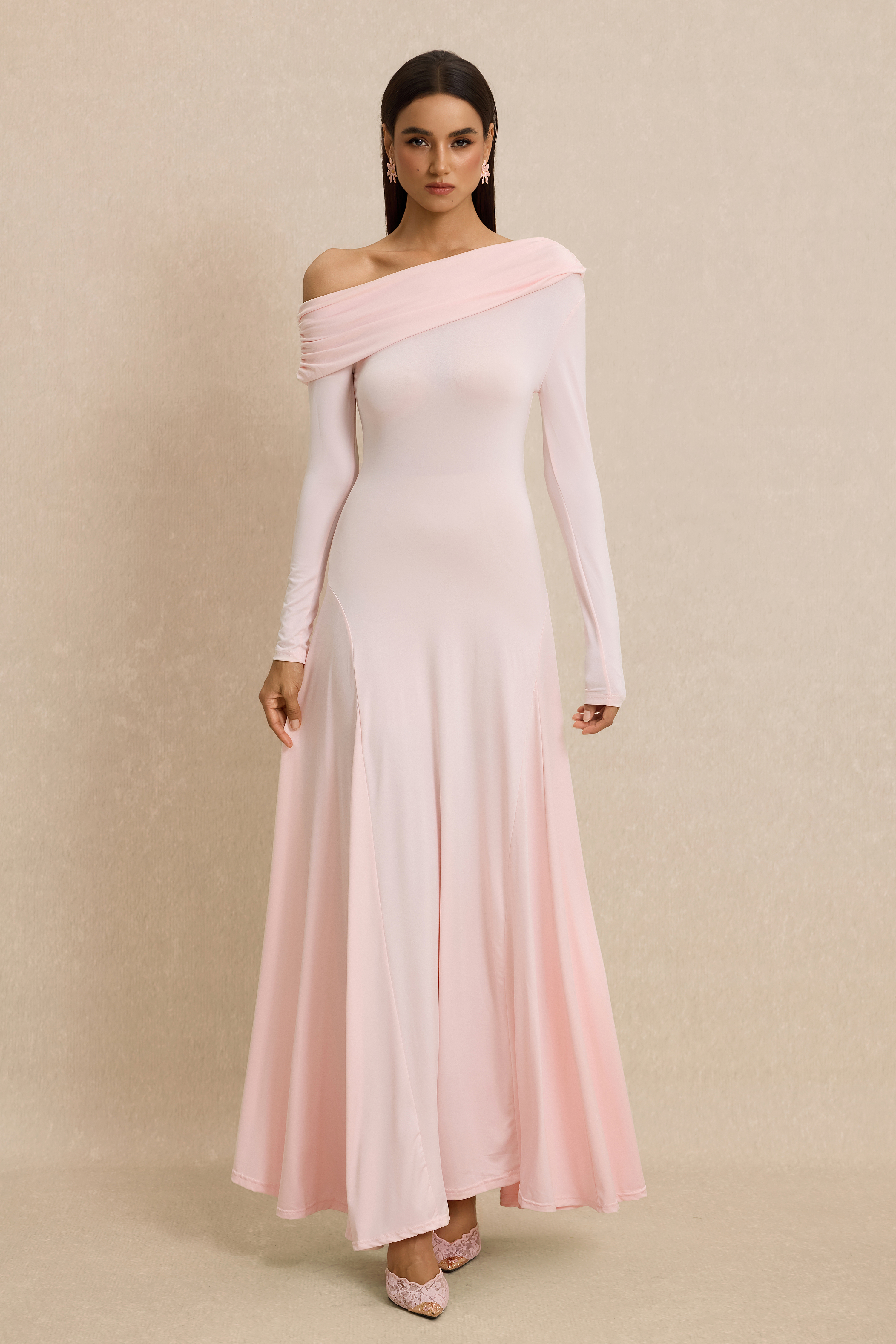 Solid Skew Collar Gathering Maxi Dress