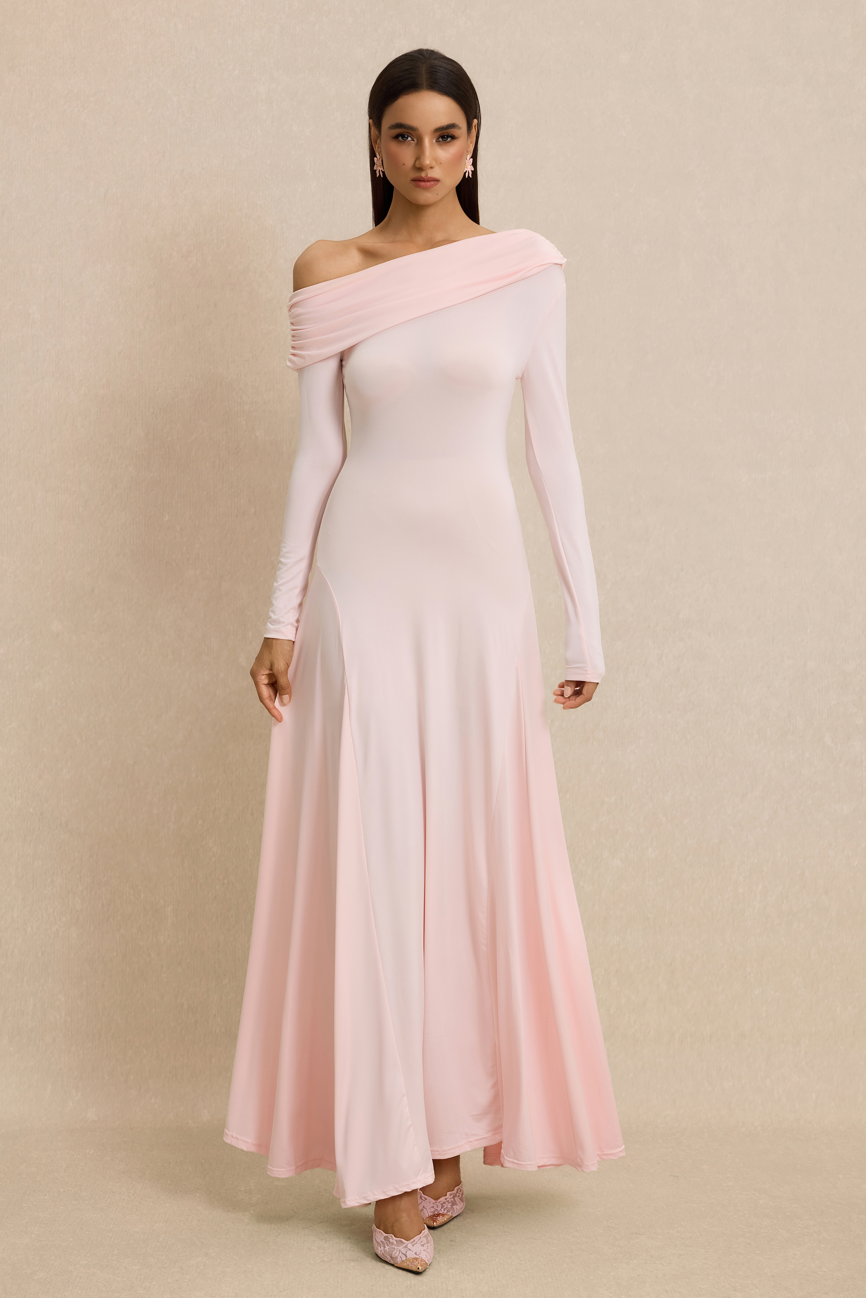 Solid Skew Collar Gathering Maxi Dress