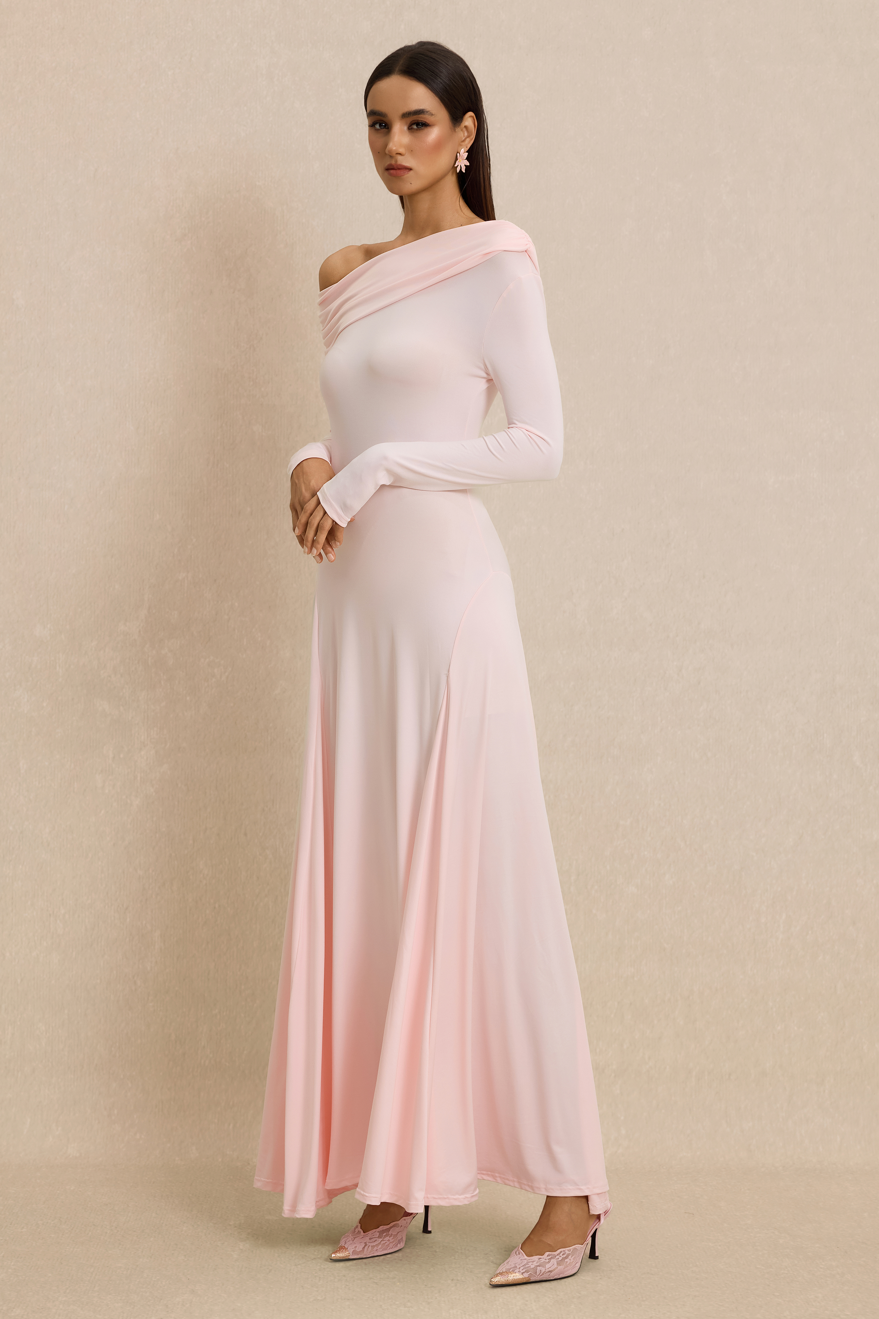 Solid Skew Collar Gathering Maxi Dress