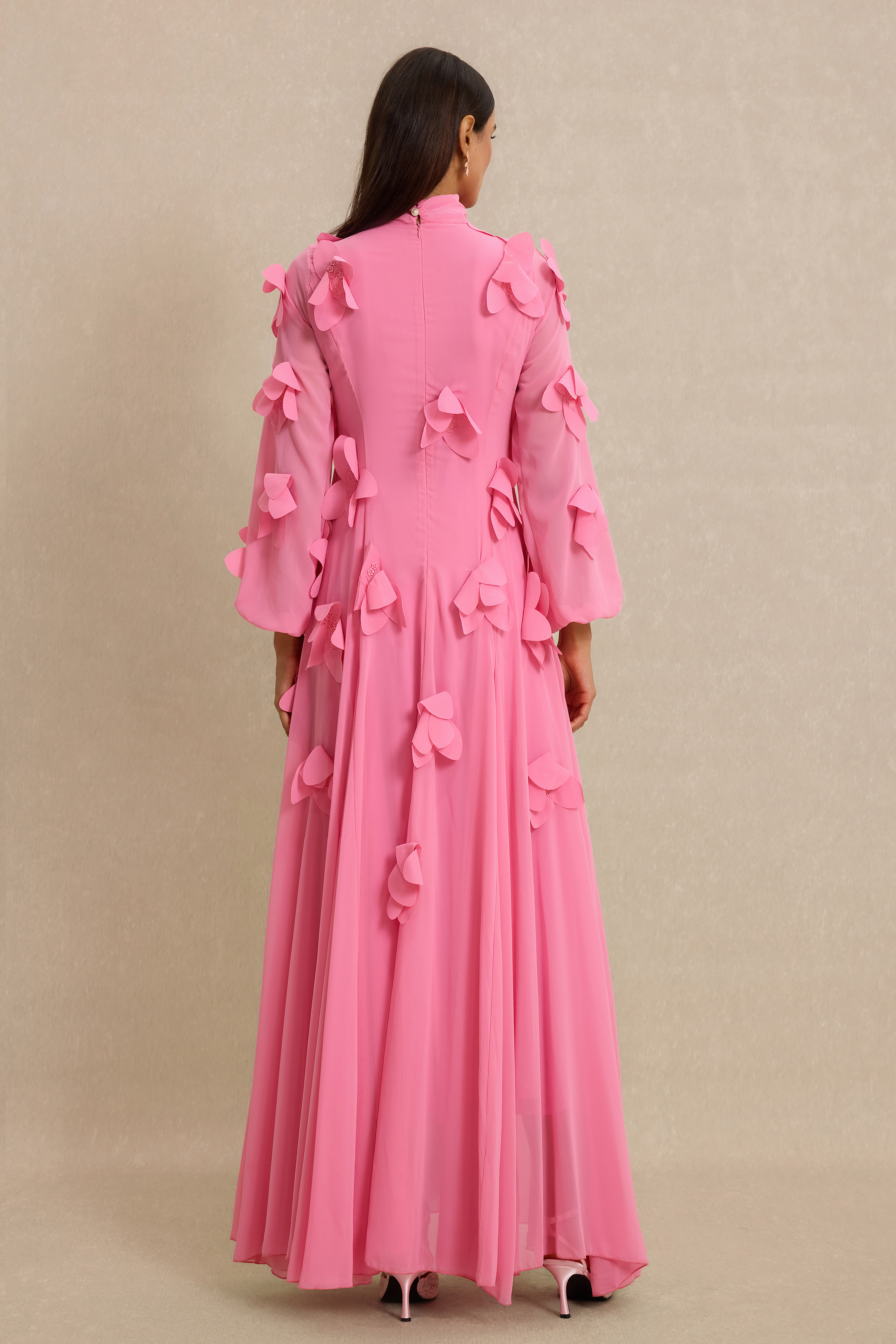 3D Flower Stand Collar Long Sleeve Maxi Dress