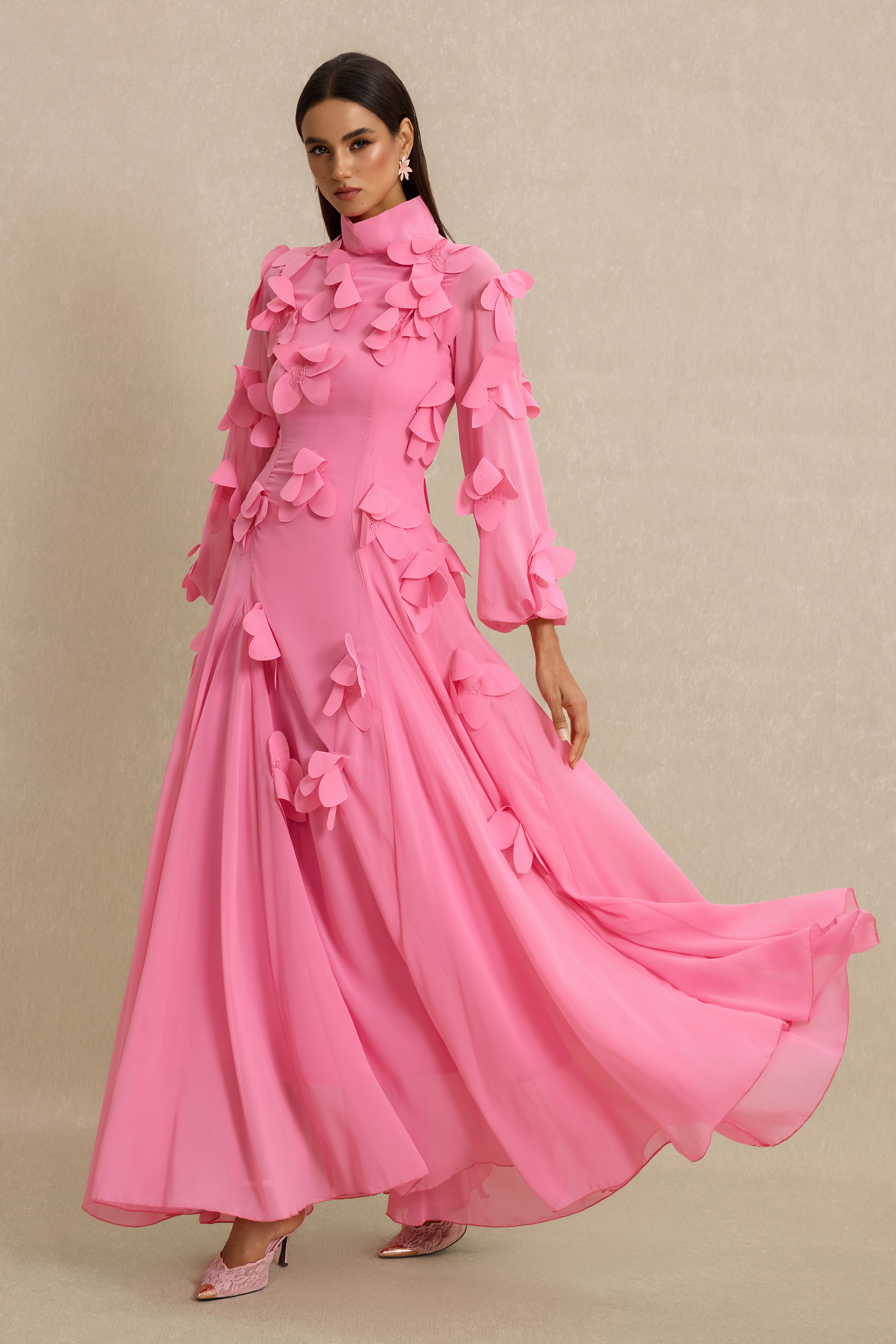 3D Flower Stand Collar Long Sleeve Maxi Dress
