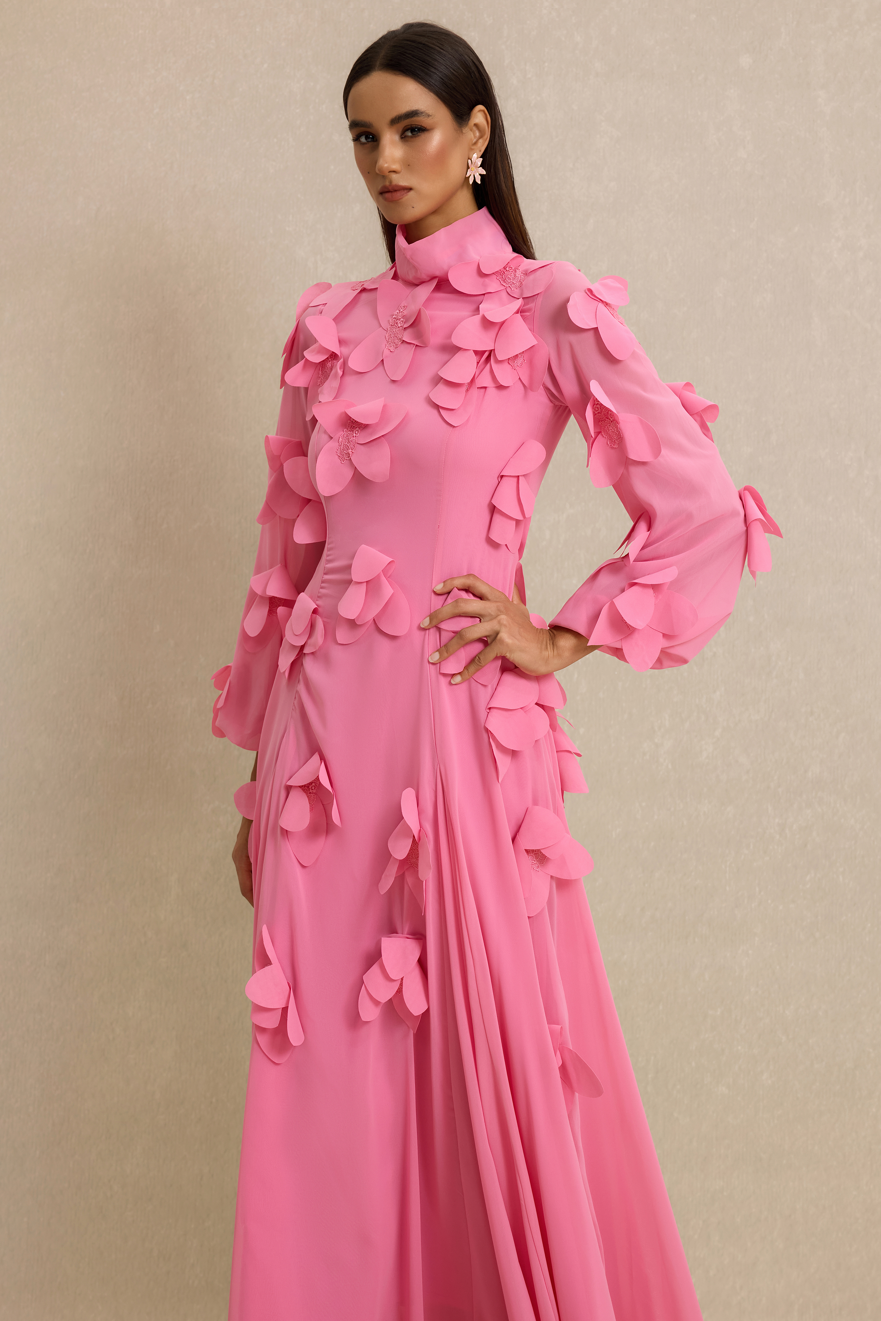 3D Flower Stand Collar Long Sleeve Maxi Dress
