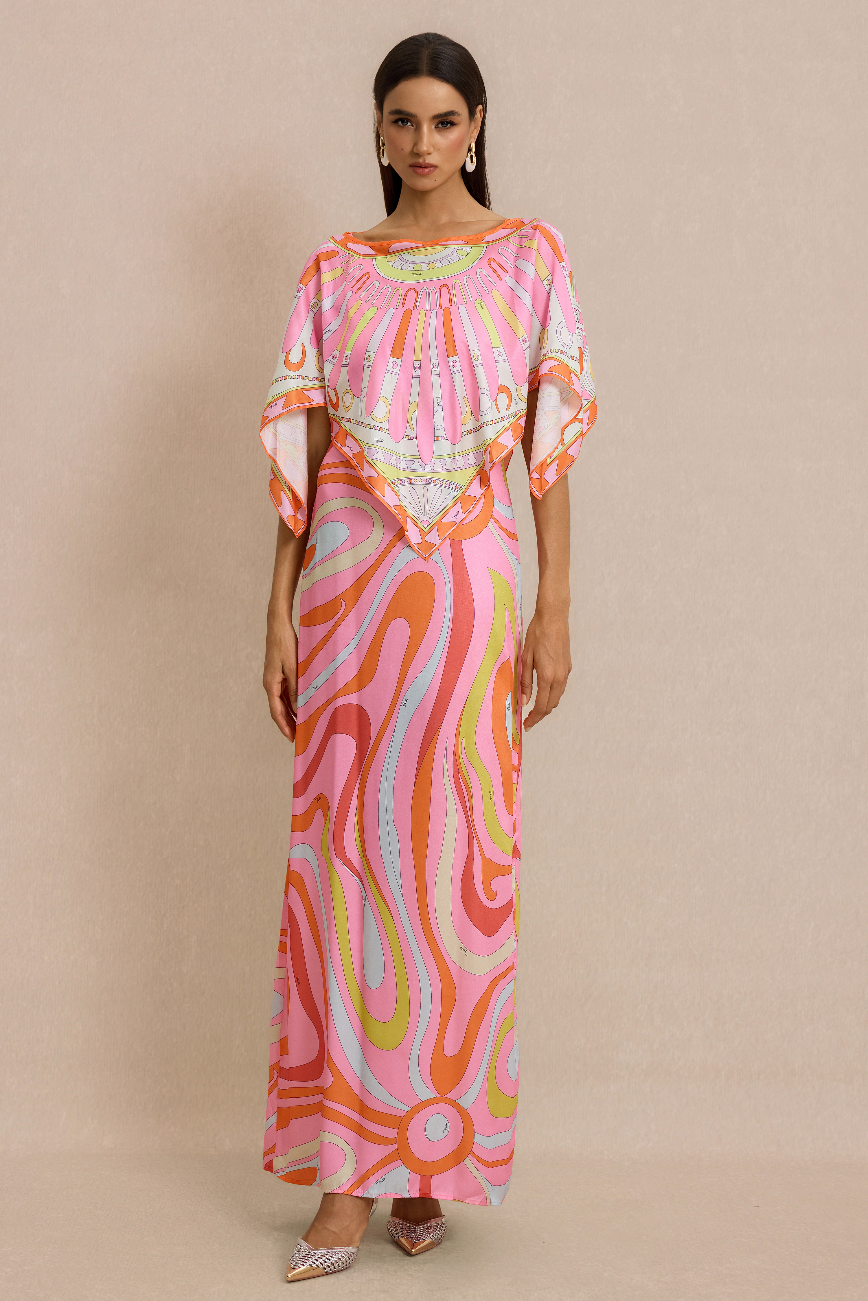 Abstract Print Slip Maxi Dress With Cape