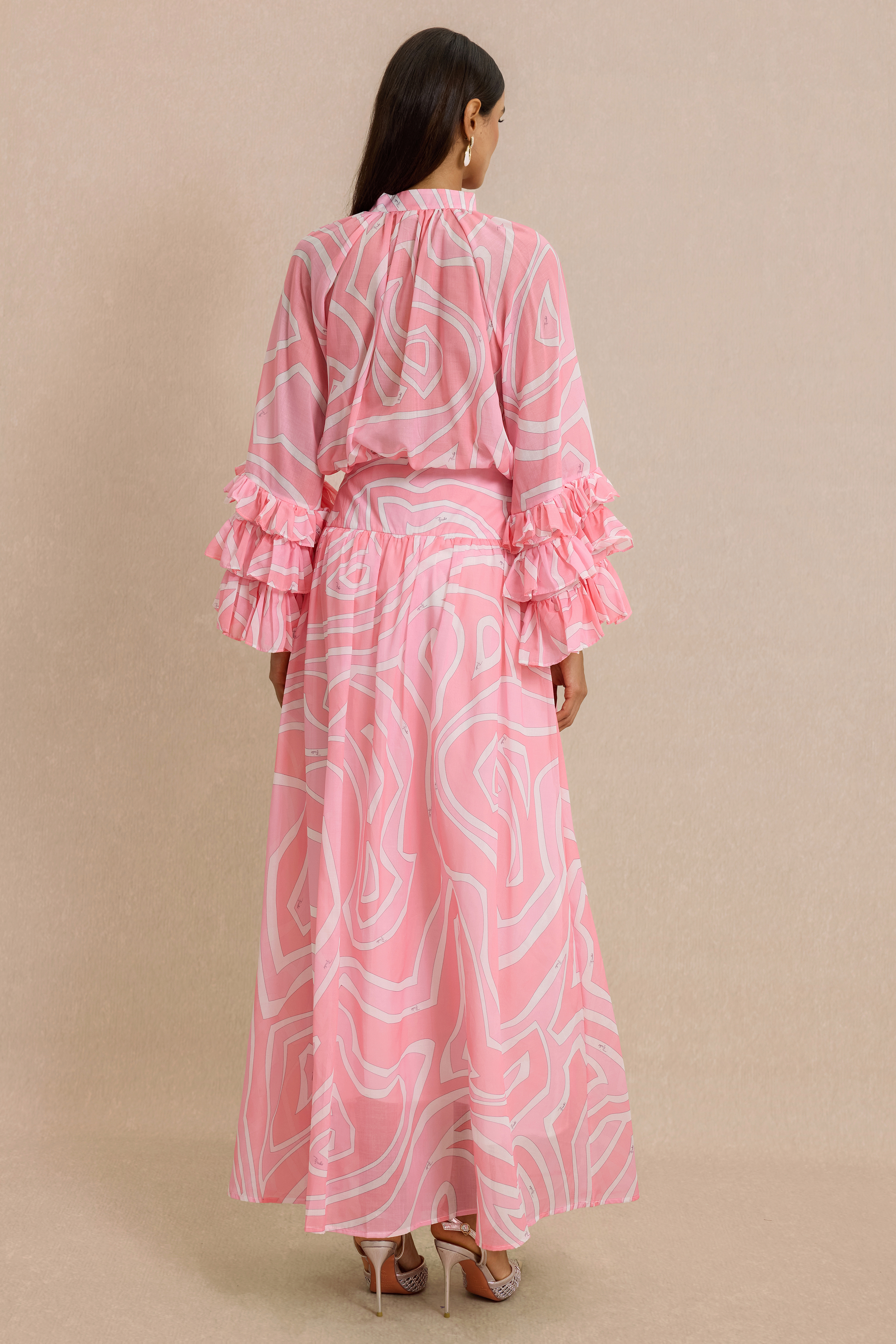 Abstract Print Frill Top & High Waist Maxi Skirt Set