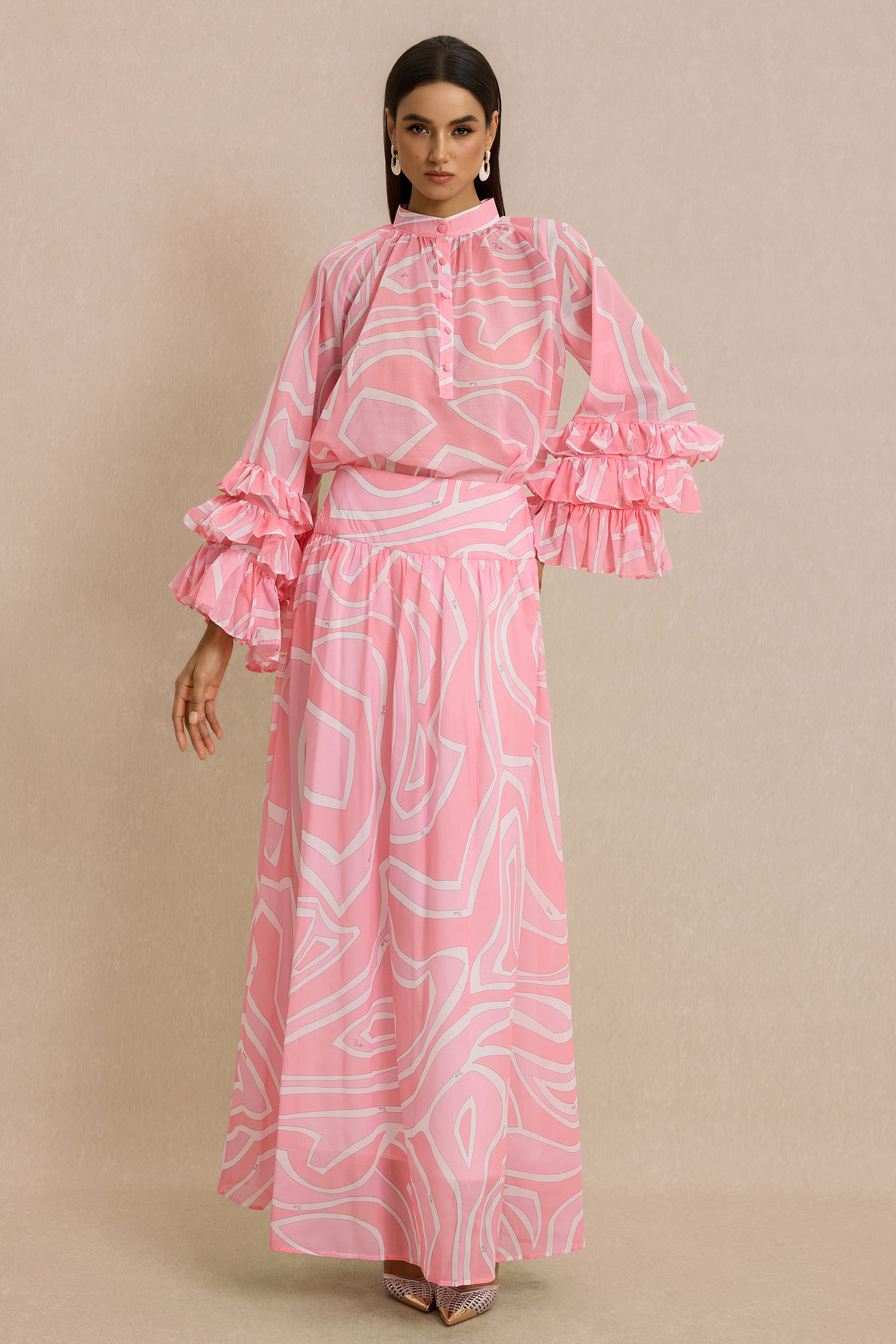 Abstract Print Frill Top & High Waist Maxi Skirt Set