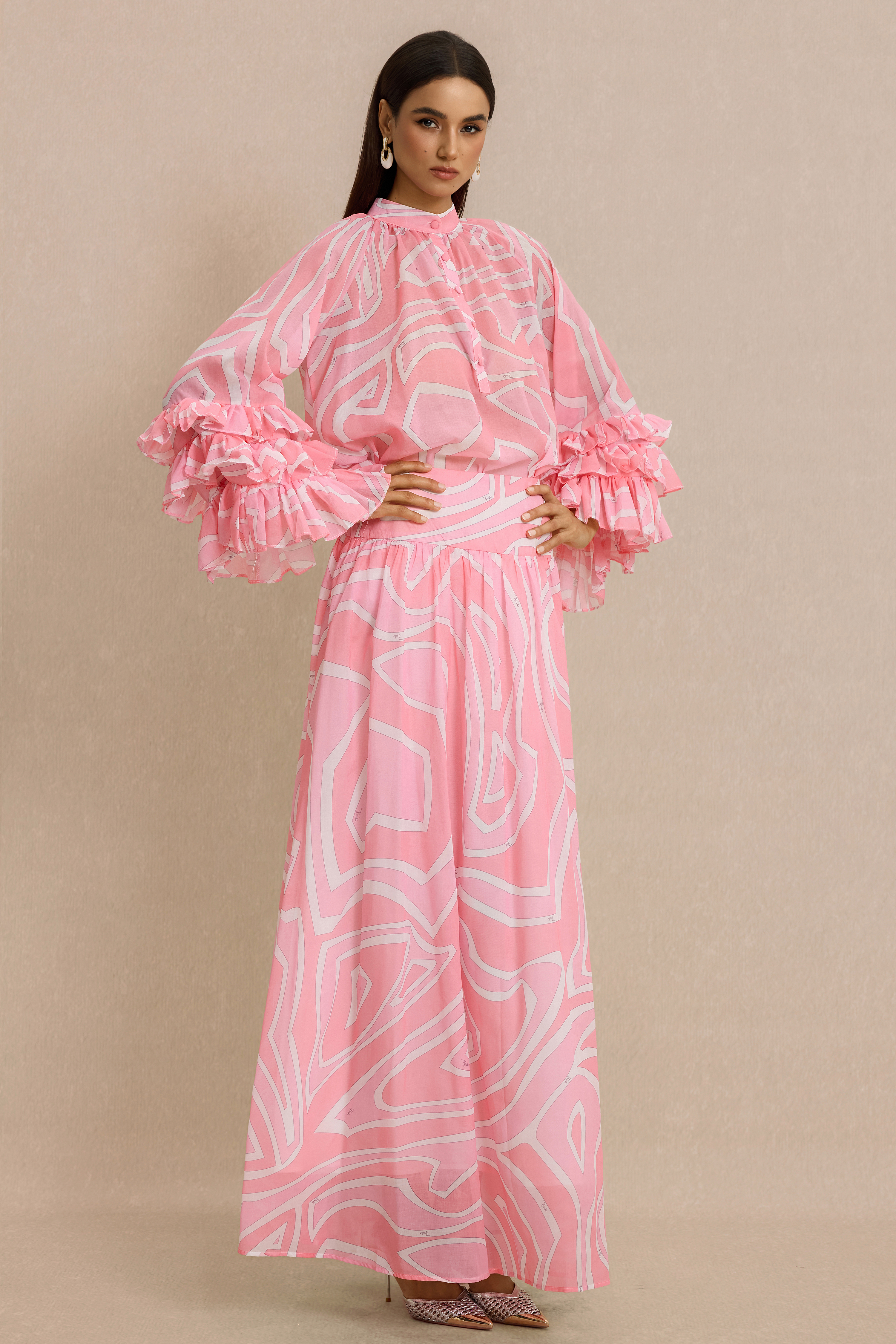 Abstract Print Frill Top & High Waist Maxi Skirt Set