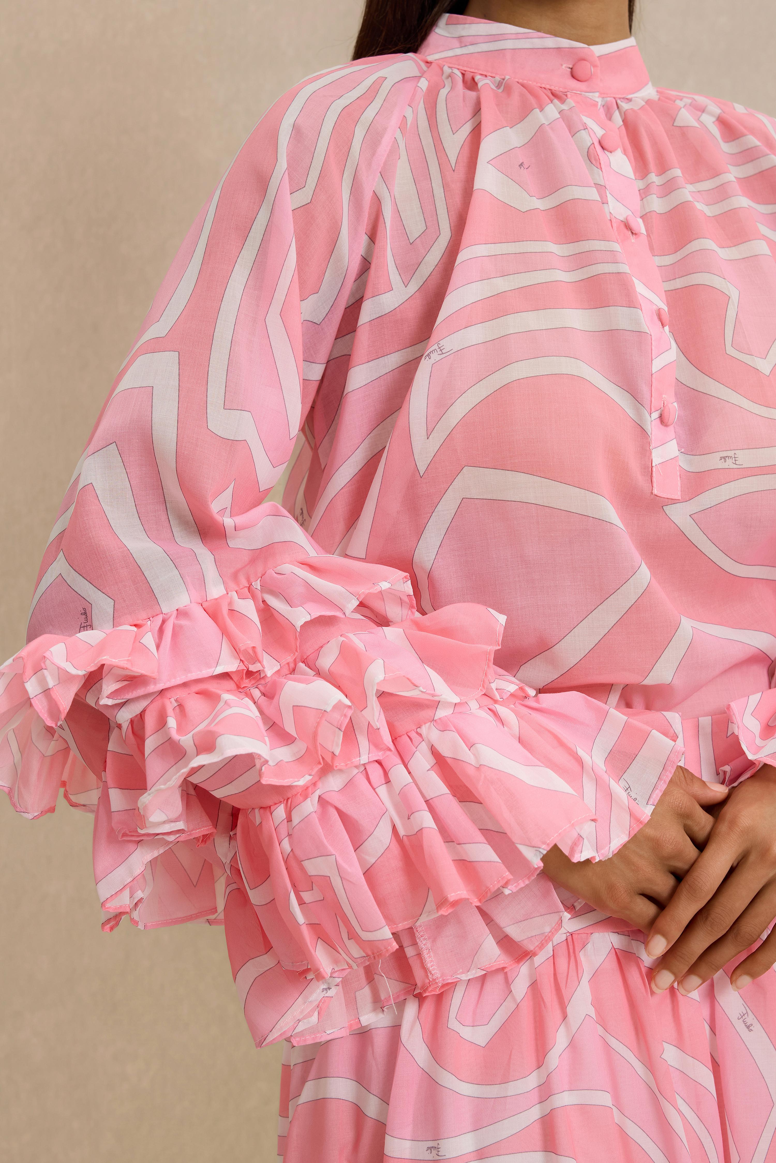 Abstract Print Frill Top & High Waist Maxi Skirt Set