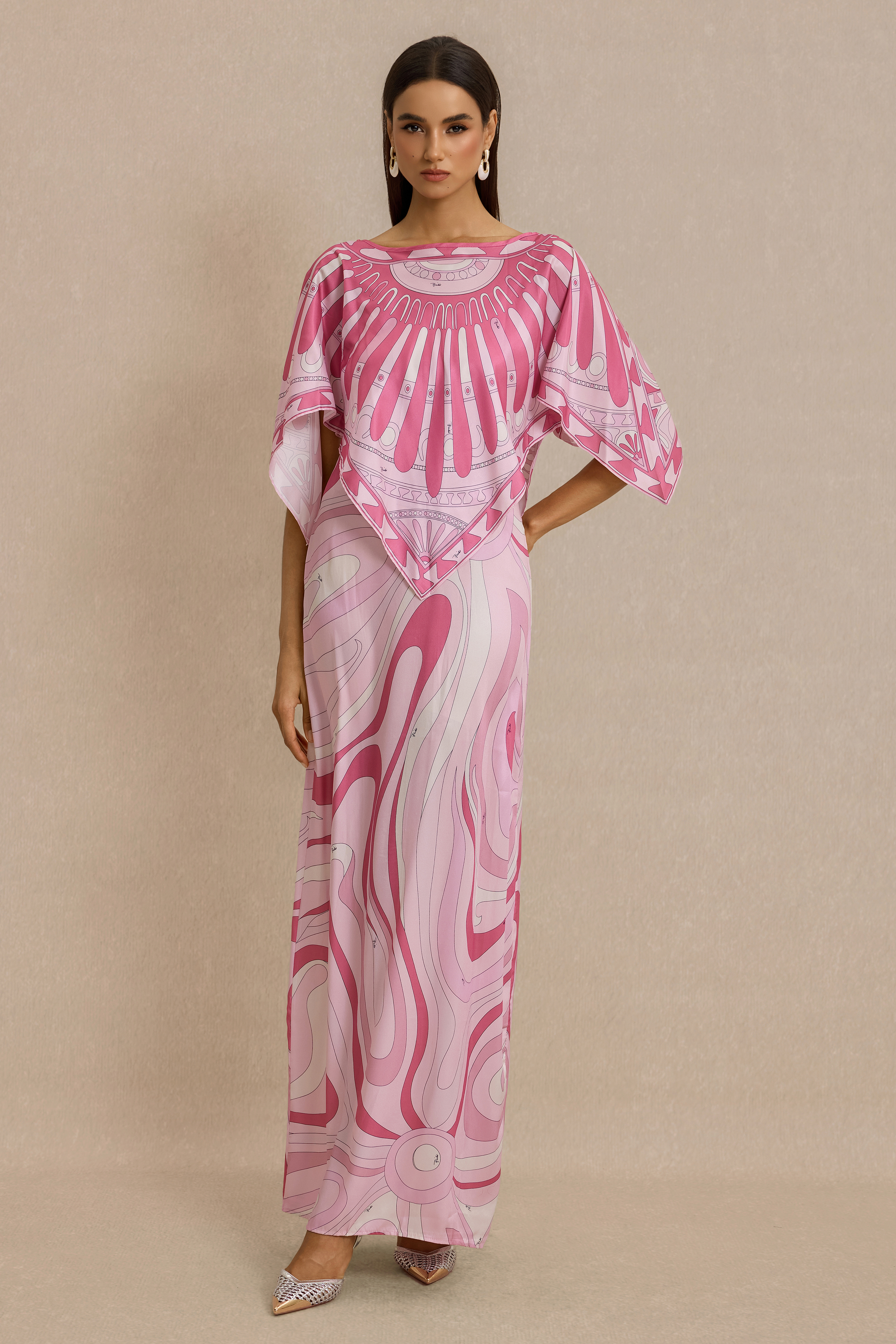 Abstract Print Slip Maxi Dress With Cape