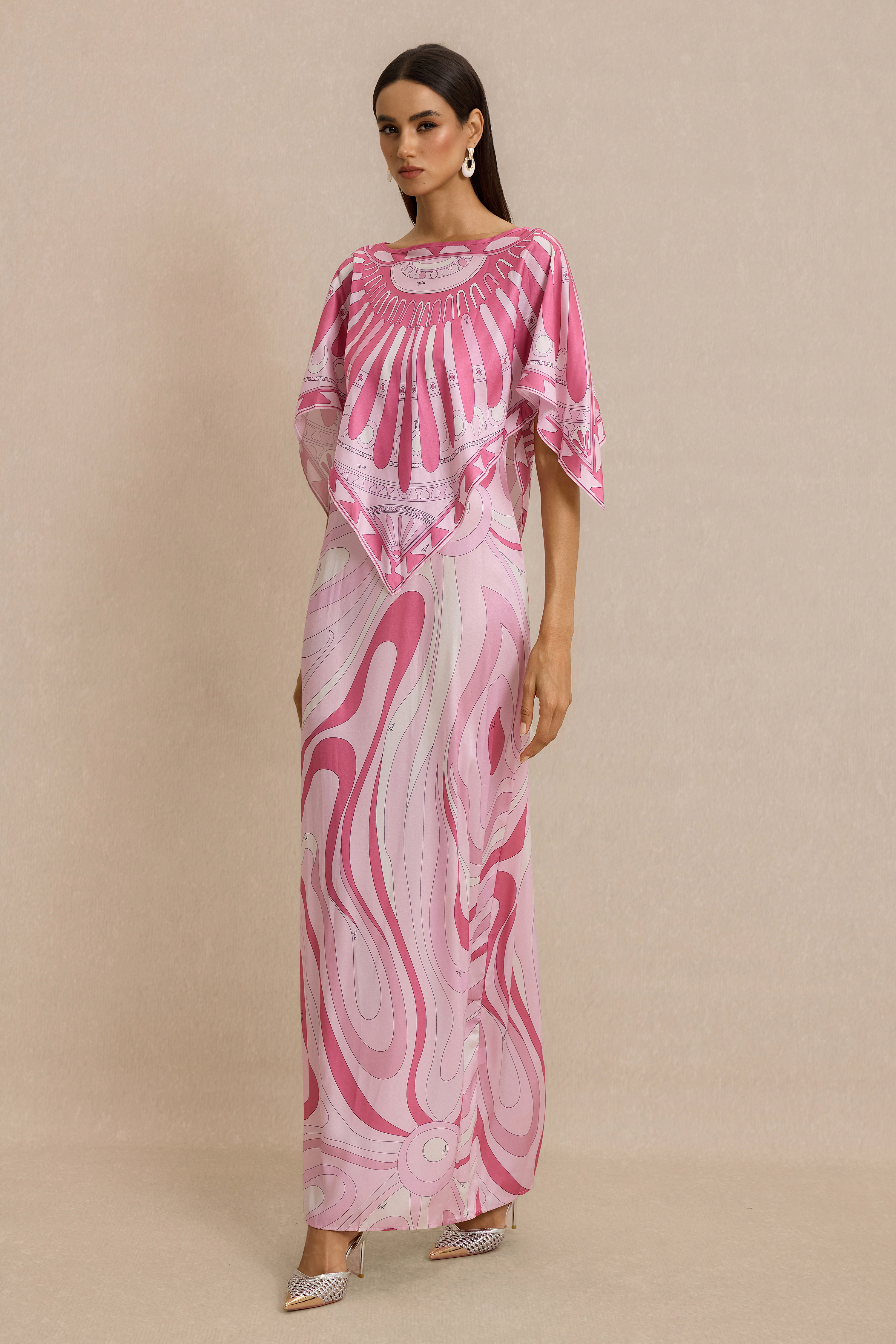 Abstract Print Slip Maxi Dress With Cape