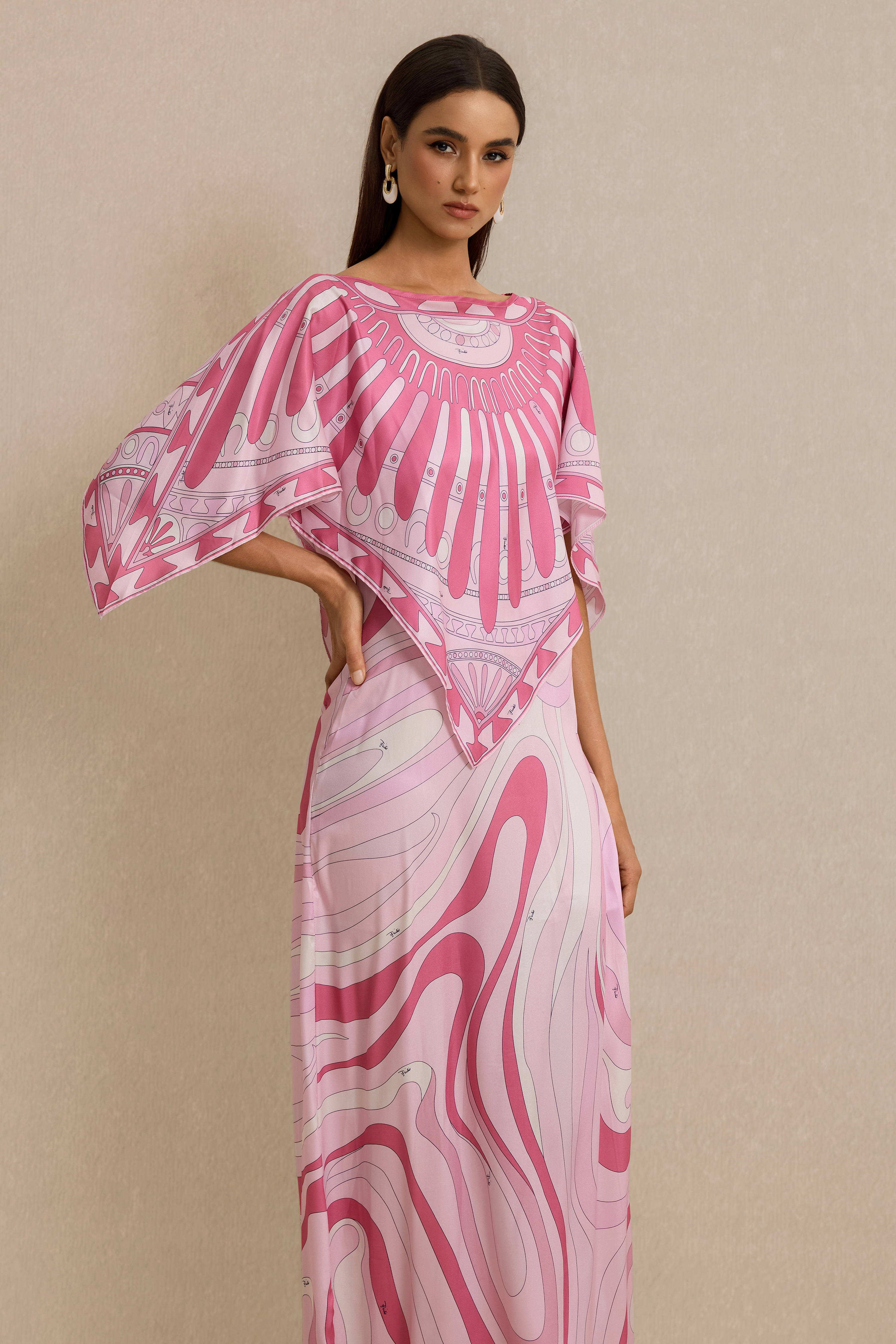 Abstract Print Slip Maxi Dress With Cape