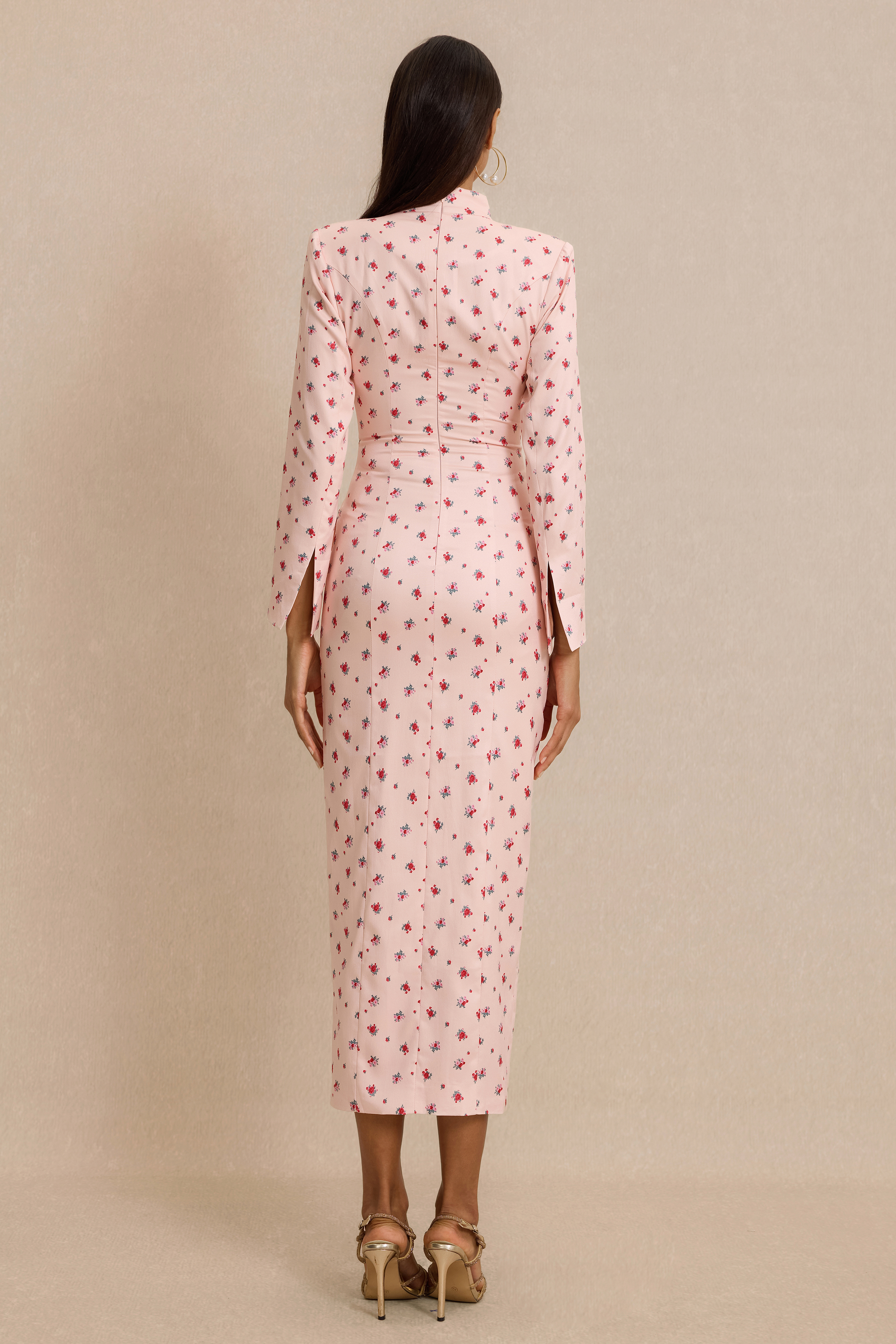 Floral Print Button Decorations Long Sleeve Midi Dress