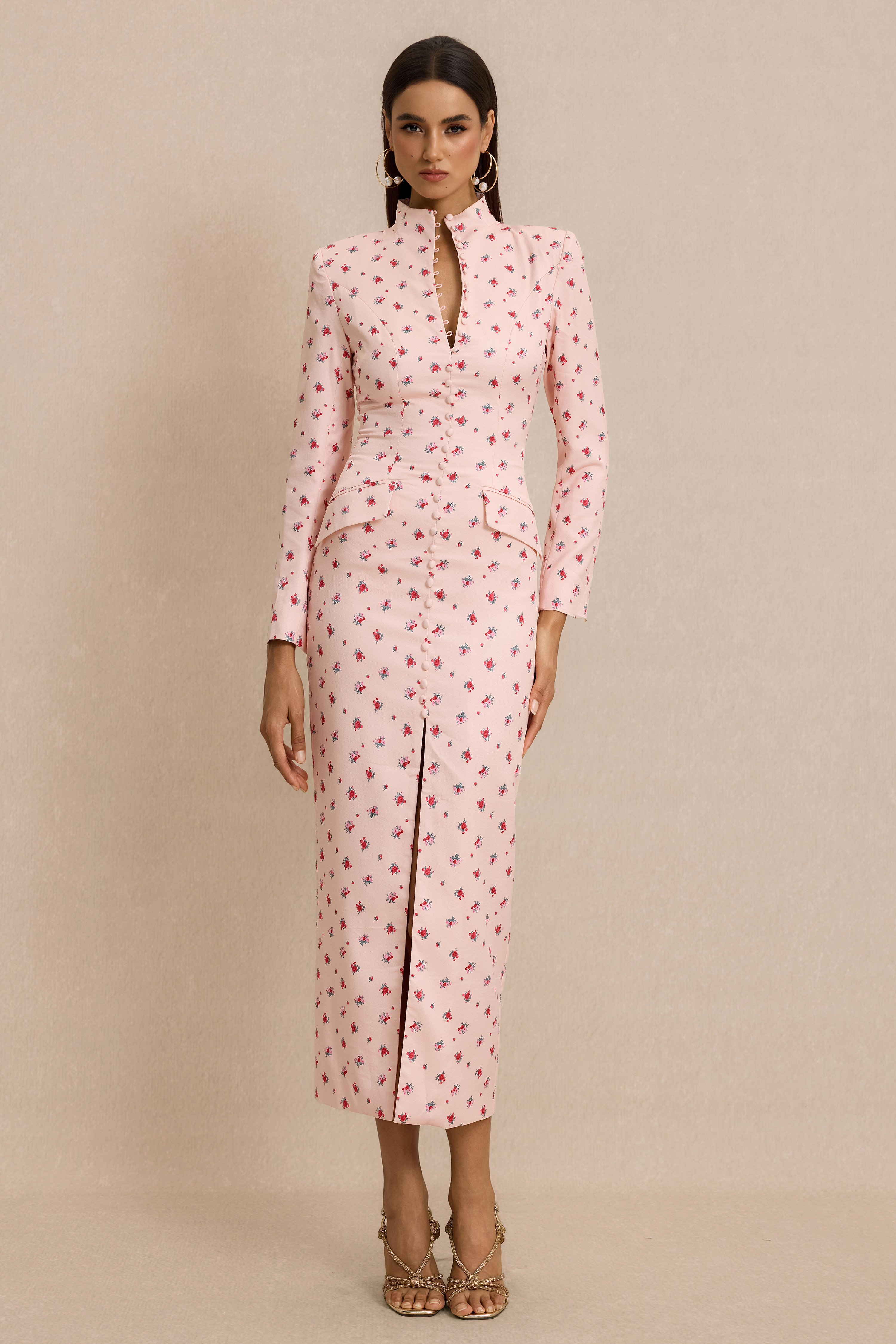 Floral Print Button Decorations Long Sleeve Midi Dress