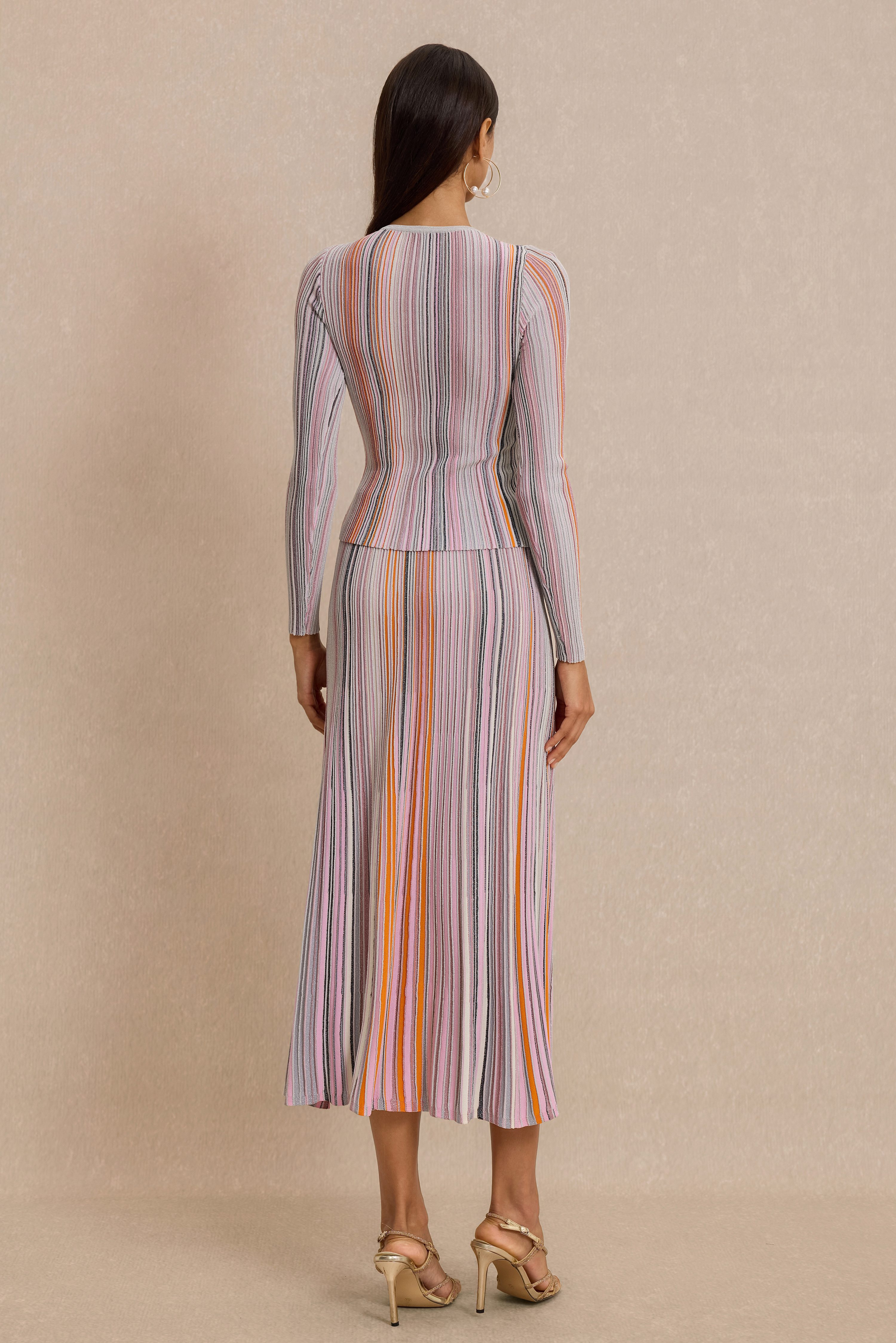 Jersey Stripe Luxury Top & High Waist Midi Skirt Set