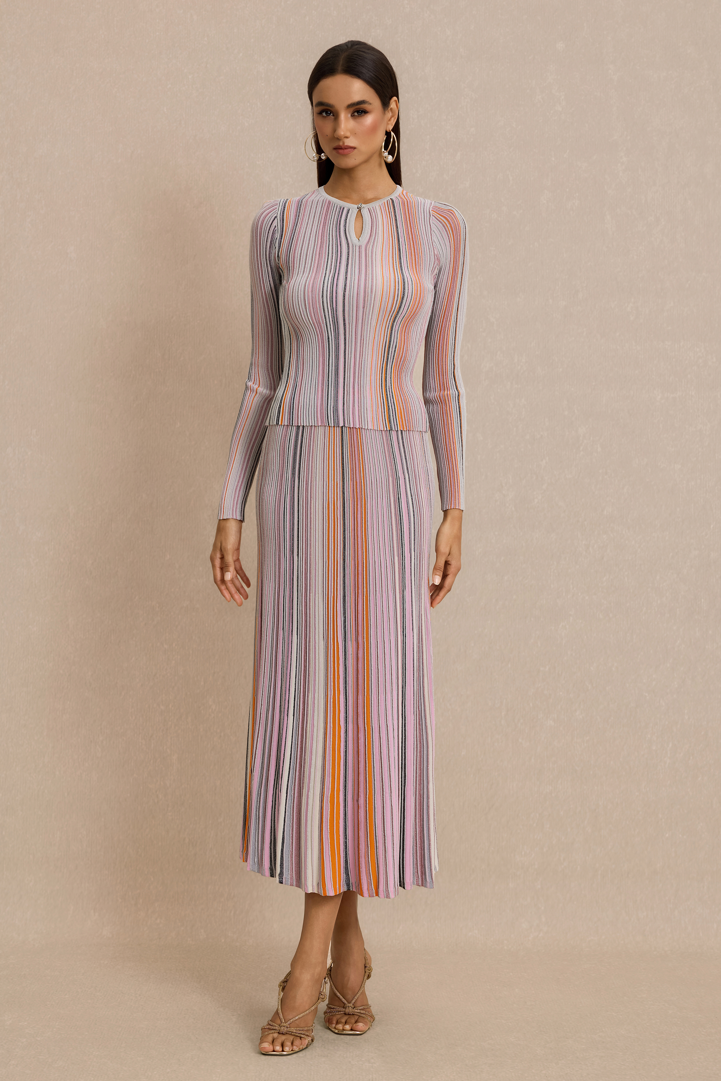 Jersey Stripe Luxury Top & High Waist Midi Skirt Set