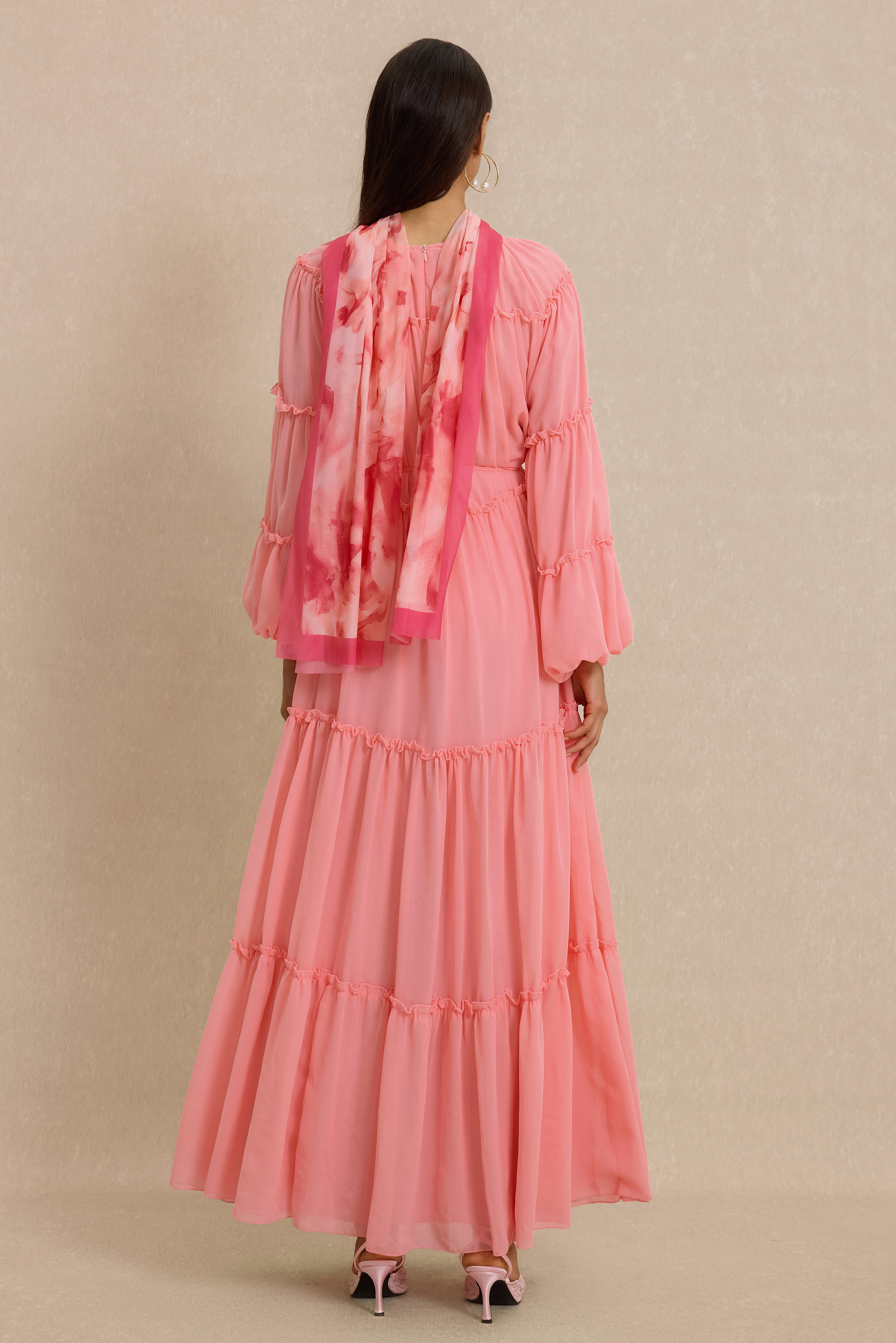 Frill Lantern Sleeve Round Neck Midi Dress