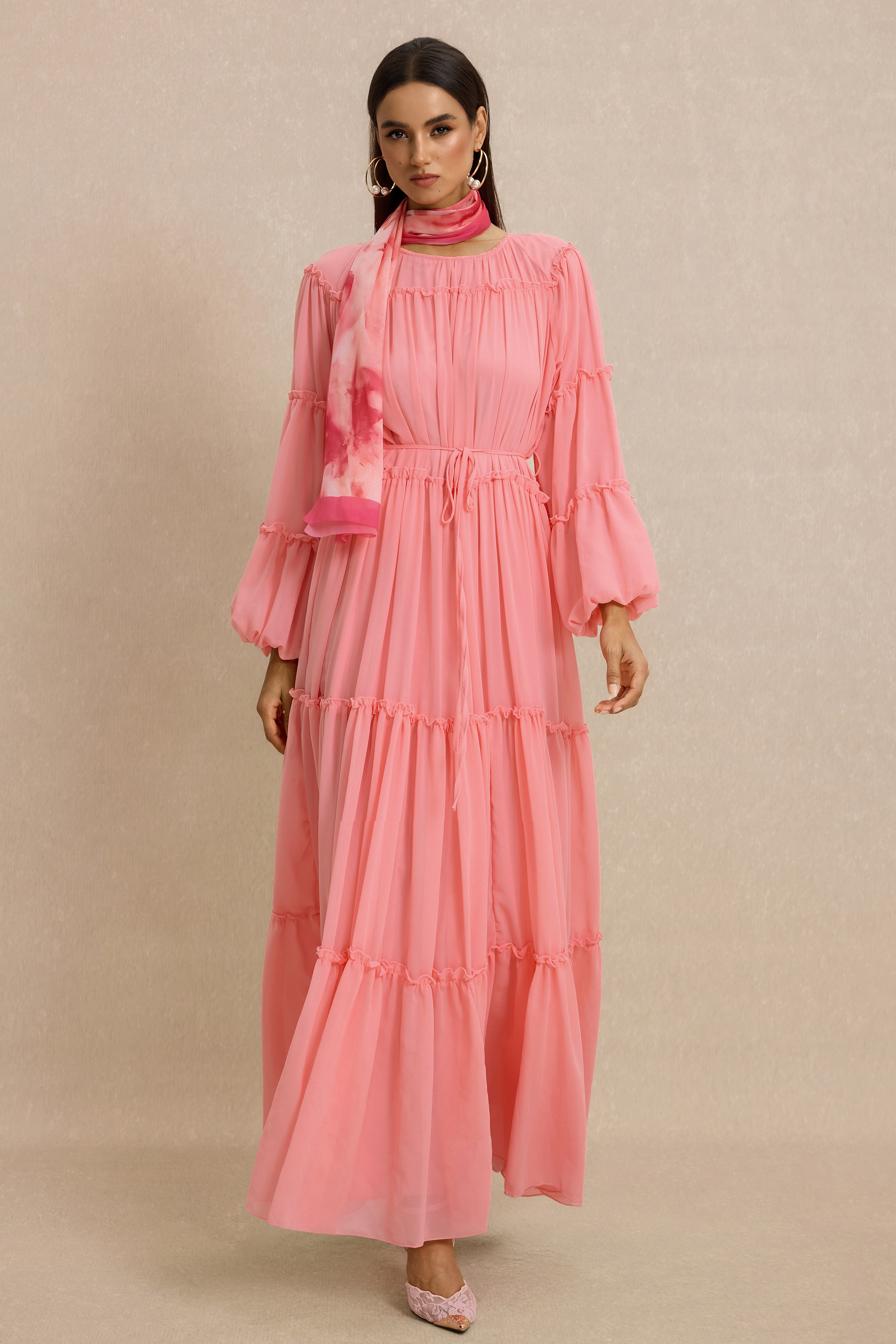 Frill Lantern Sleeve Round Neck Midi Dress