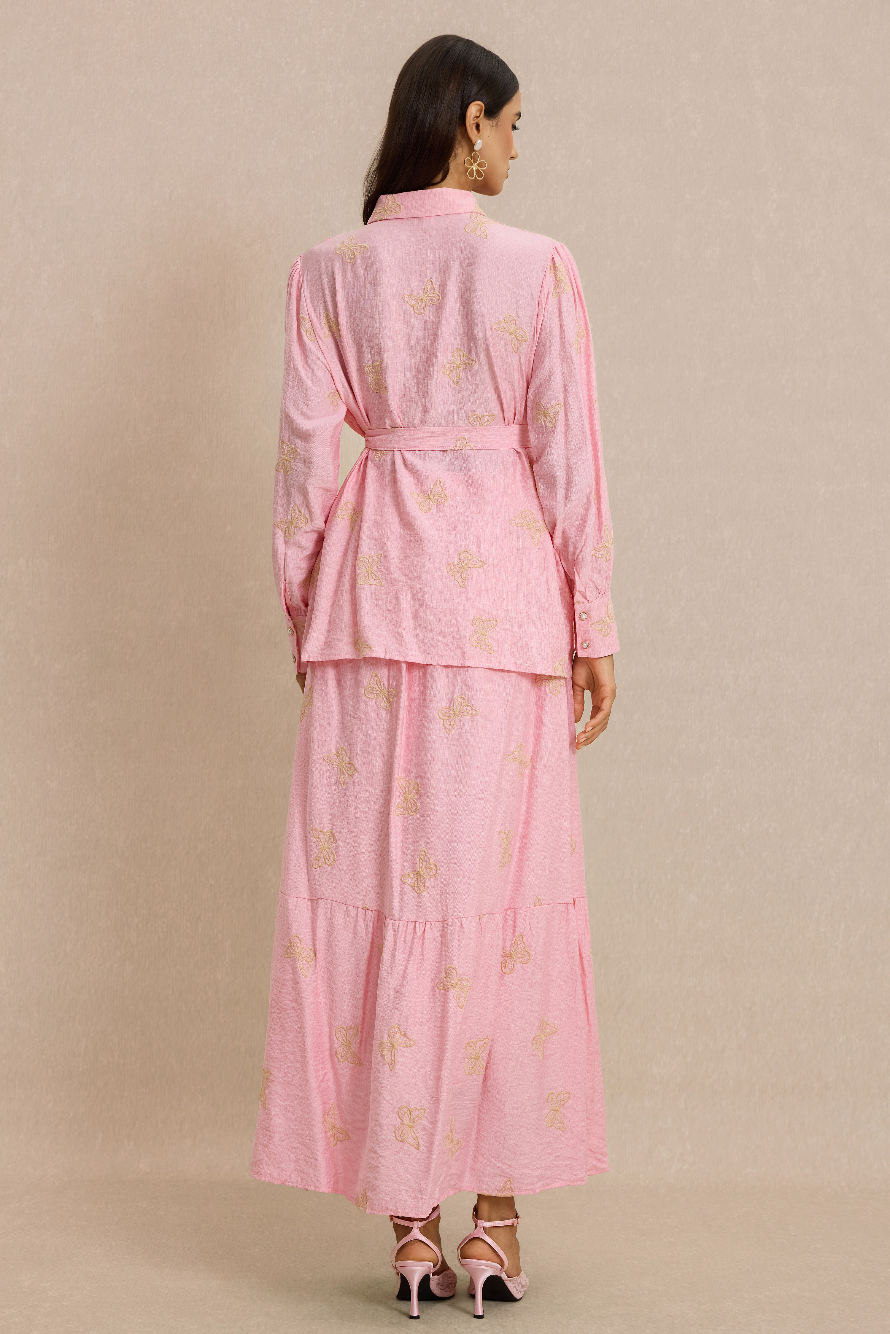 Embroidered Top With Belt & High Waist Midi Skirt Set