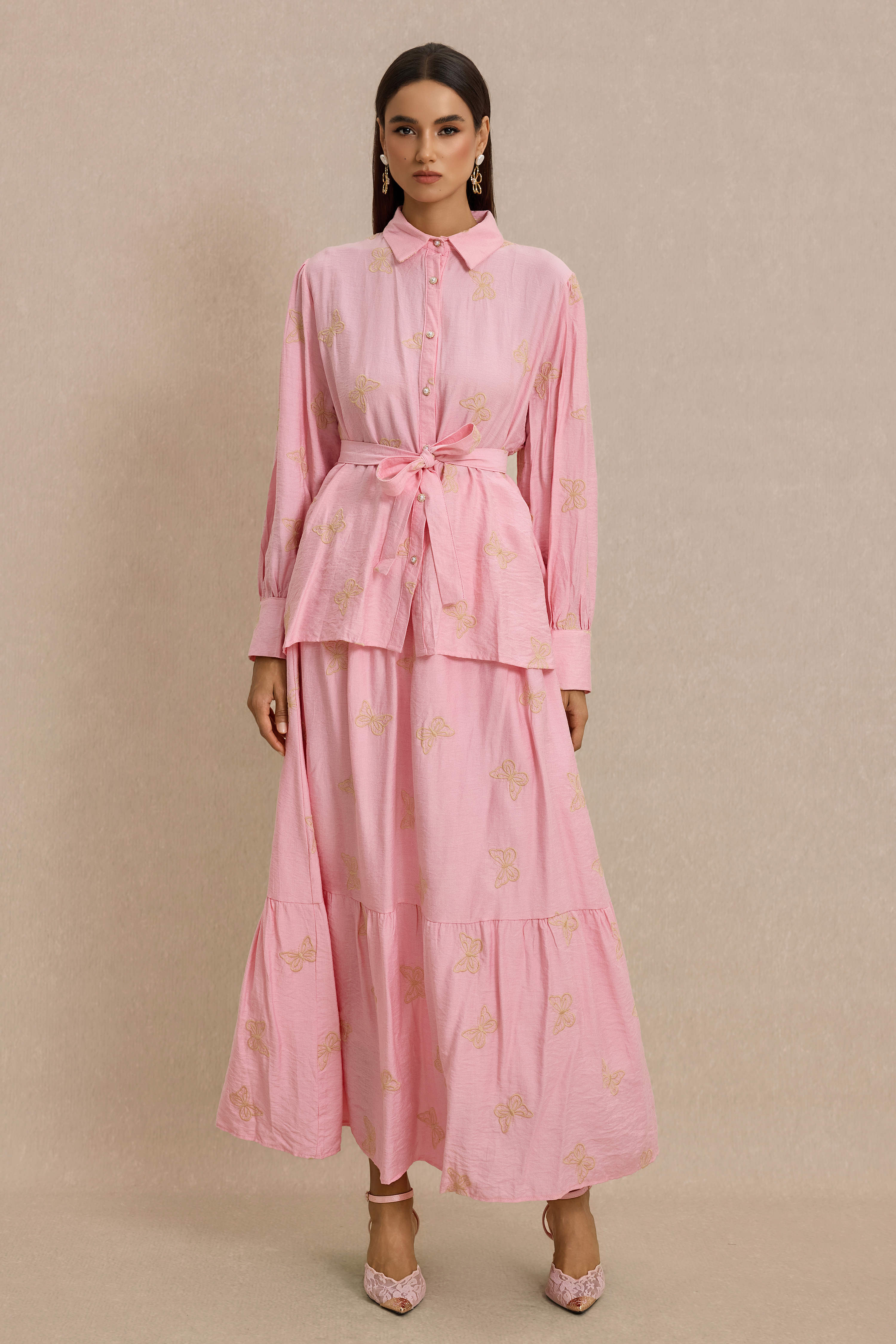 Embroidered Top With Belt & High Waist Midi Skirt Set