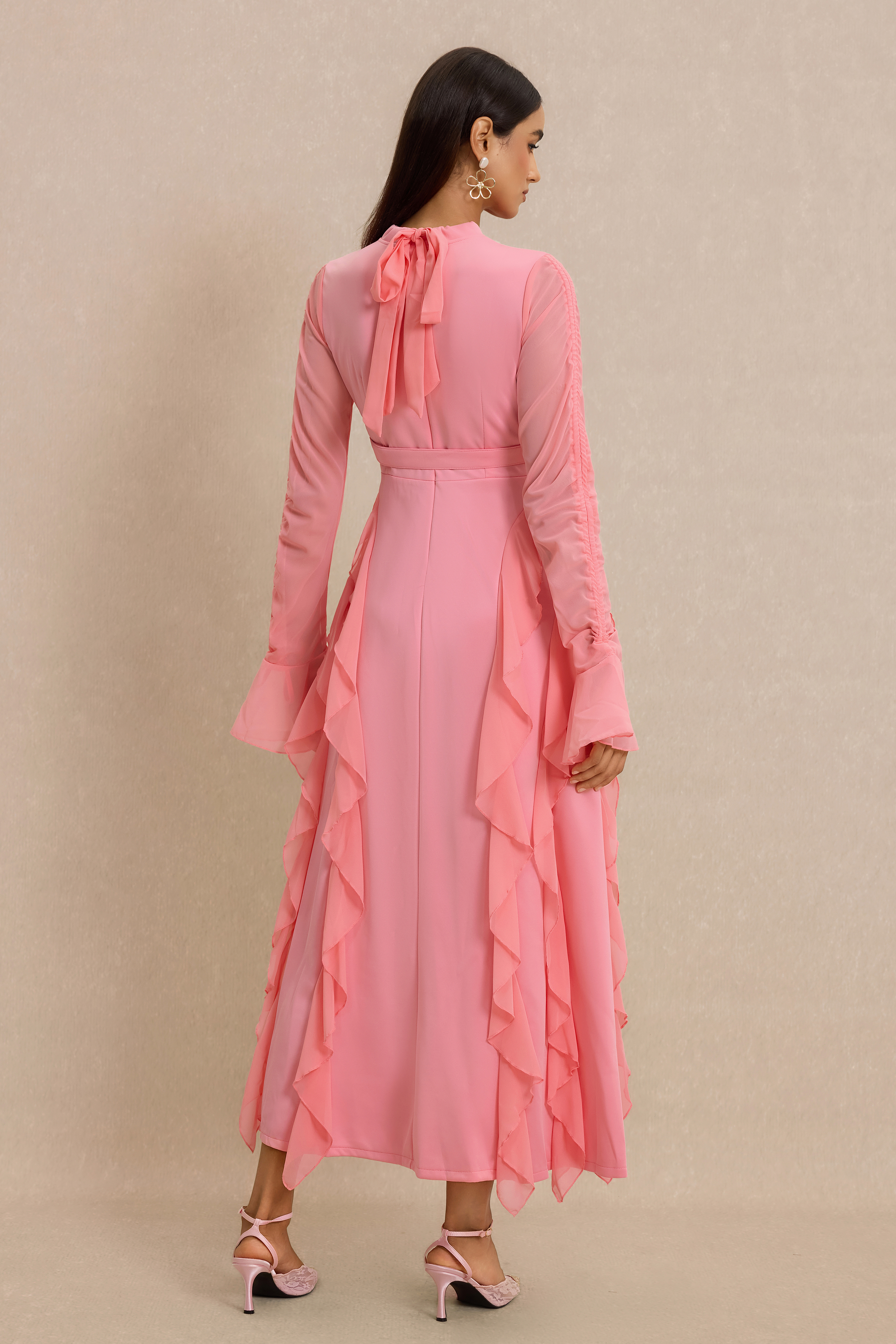 Ruffle Stand Collar Long Sleeve Maxi Dress