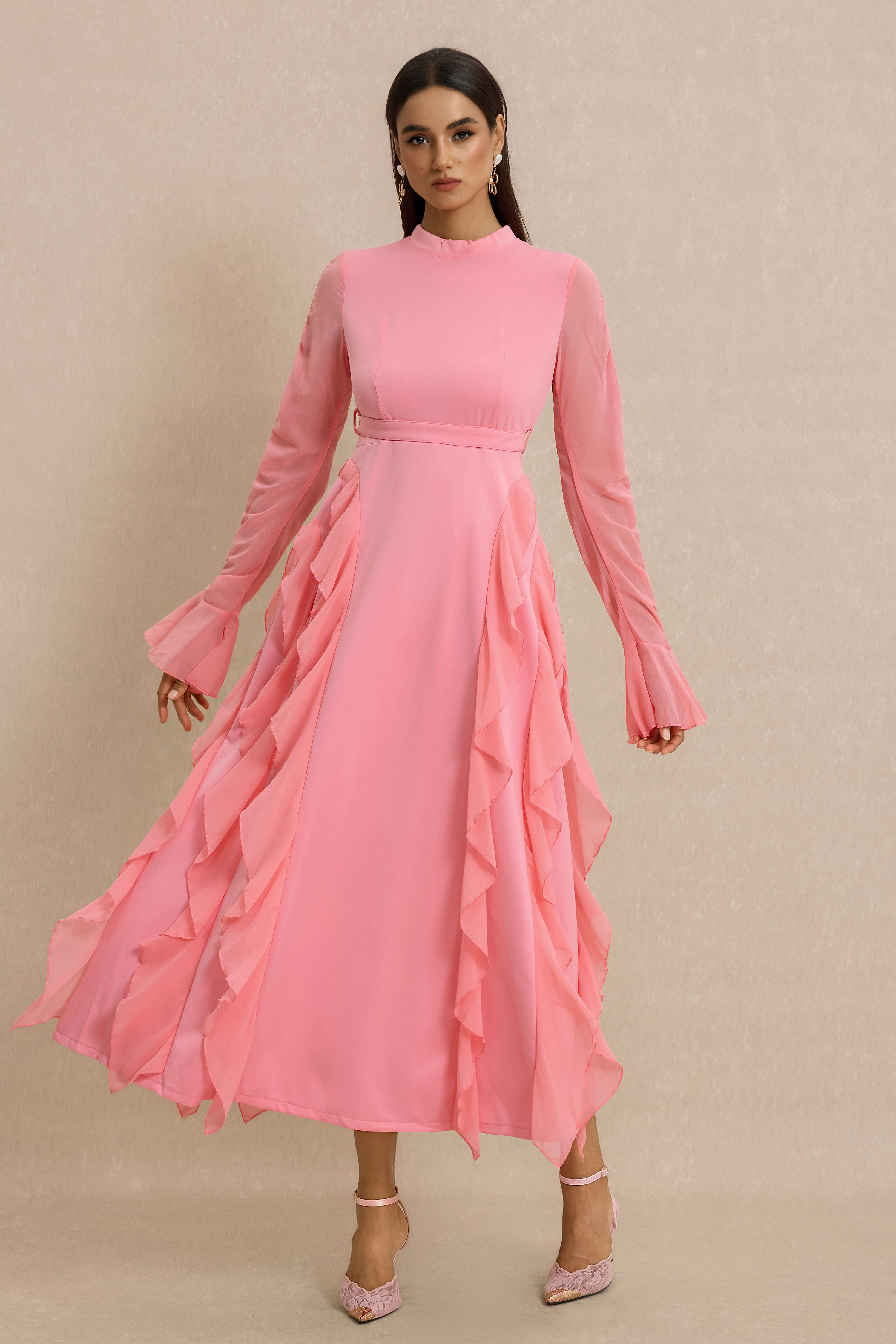 Ruffle Stand Collar Long Sleeve Maxi Dress