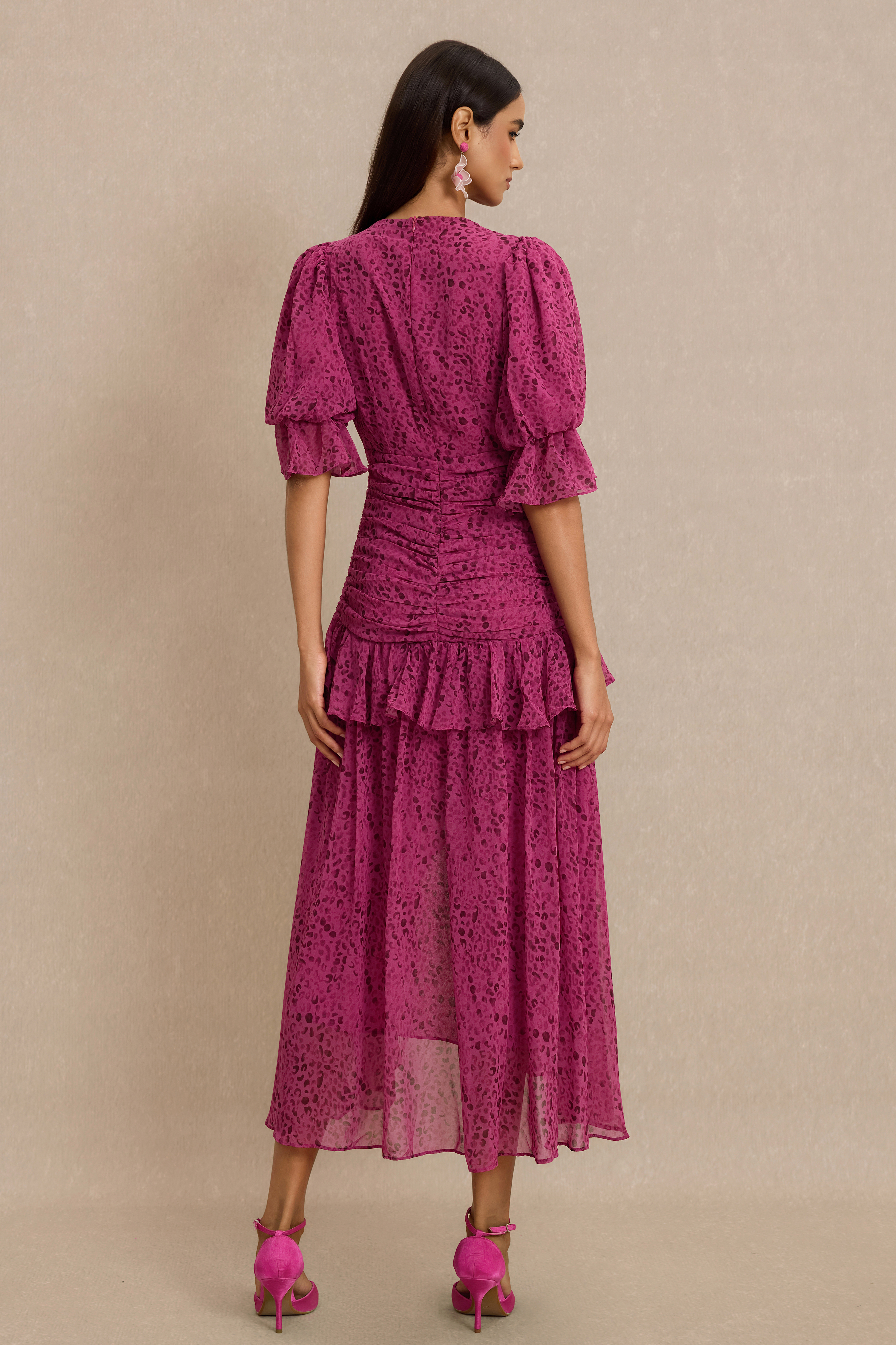 Leopard Print Ruched V-Neck Midi Dress