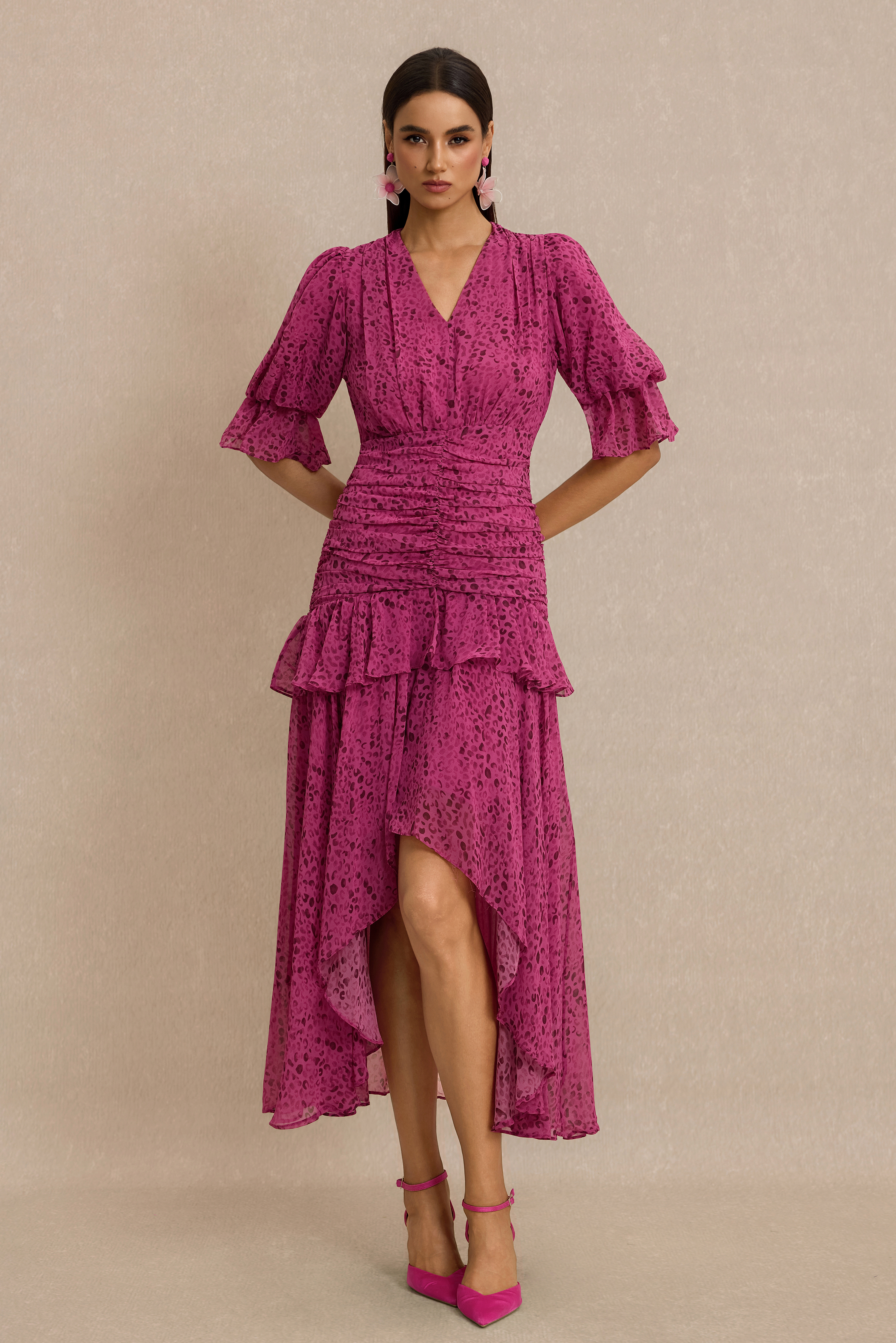 Leopard Print Ruched V-Neck Midi Dress