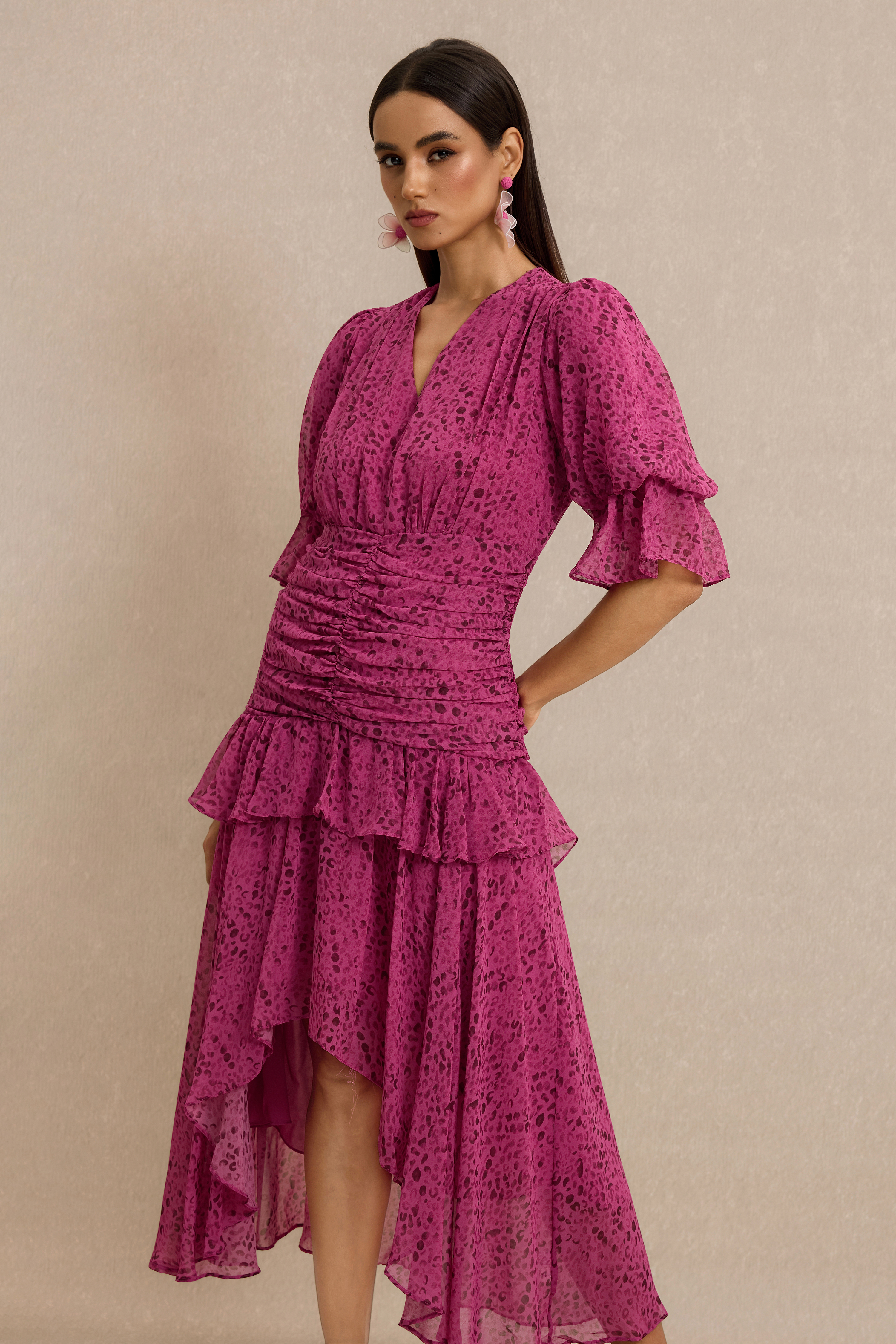 Leopard Print Ruched V-Neck Midi Dress