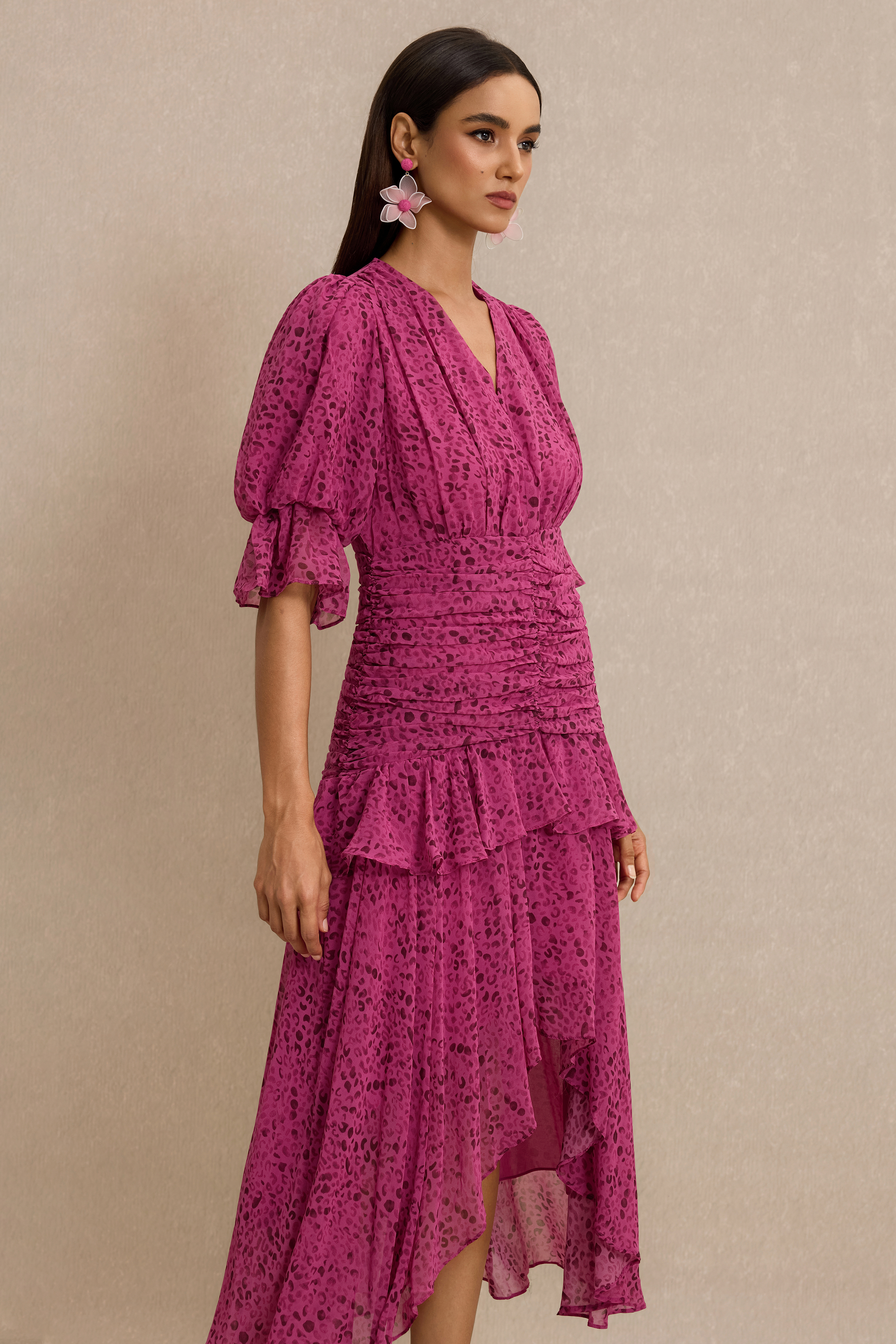 Leopard Print Ruched V-Neck Midi Dress