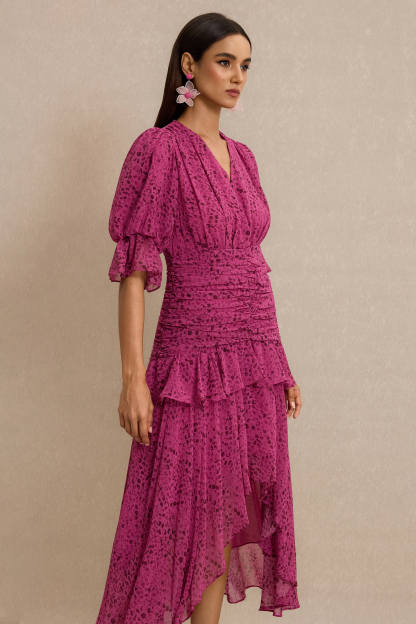 Leopard Print Ruched V-Neck Midi Dress