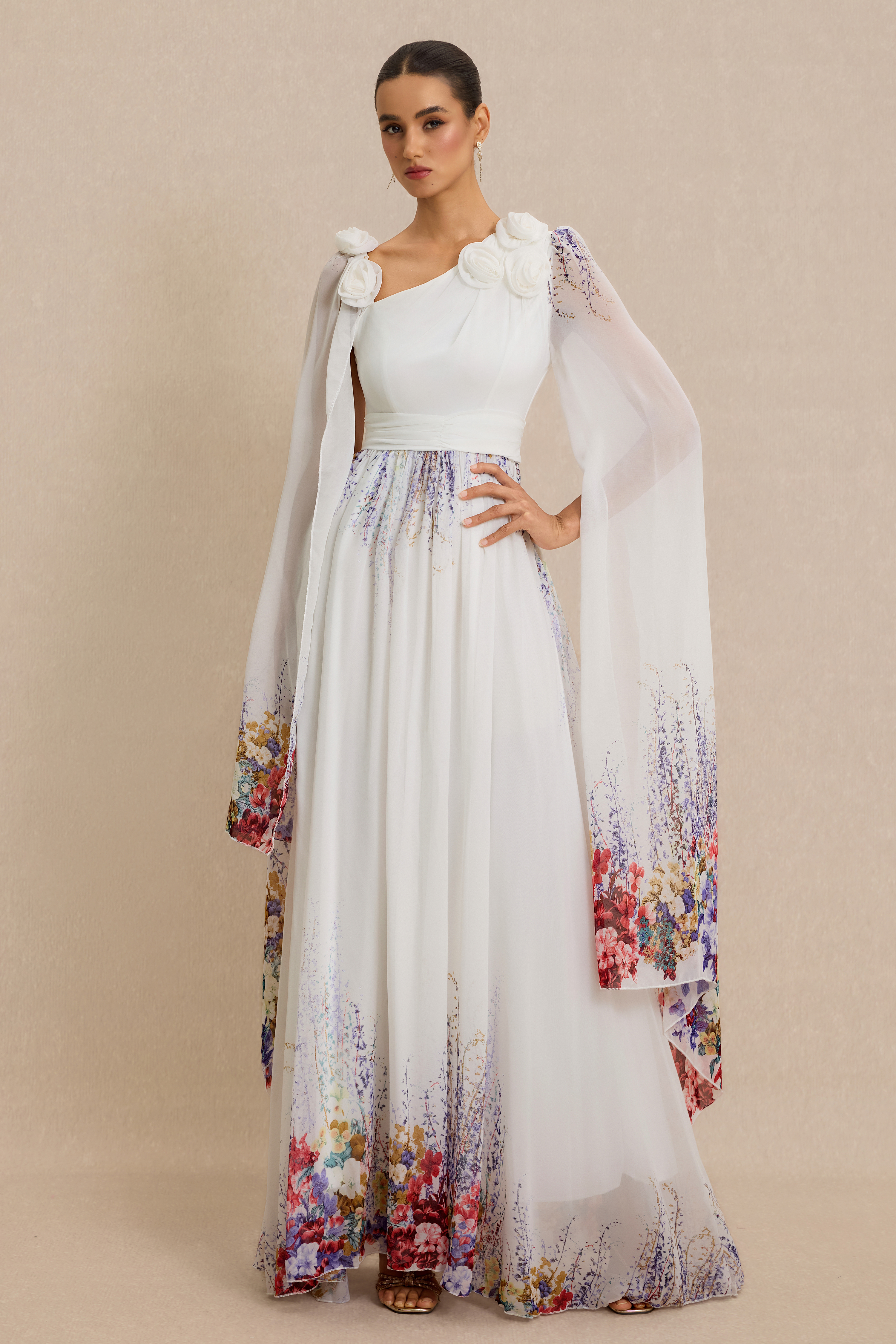 3D Flower Floral Cape Sleeve Maxi Dress