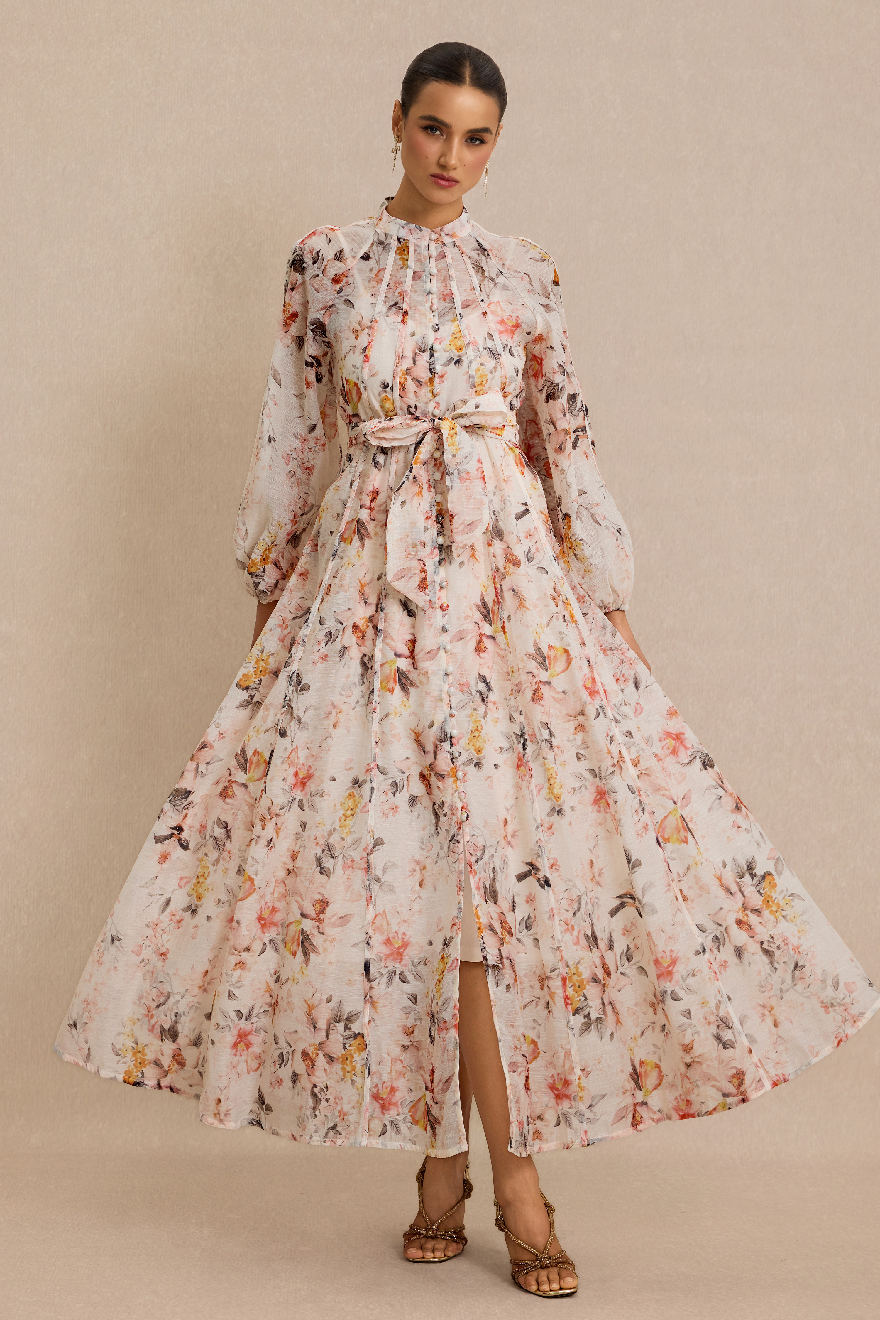 Floral Raglan Sleeve Single Breasted Midi Dress