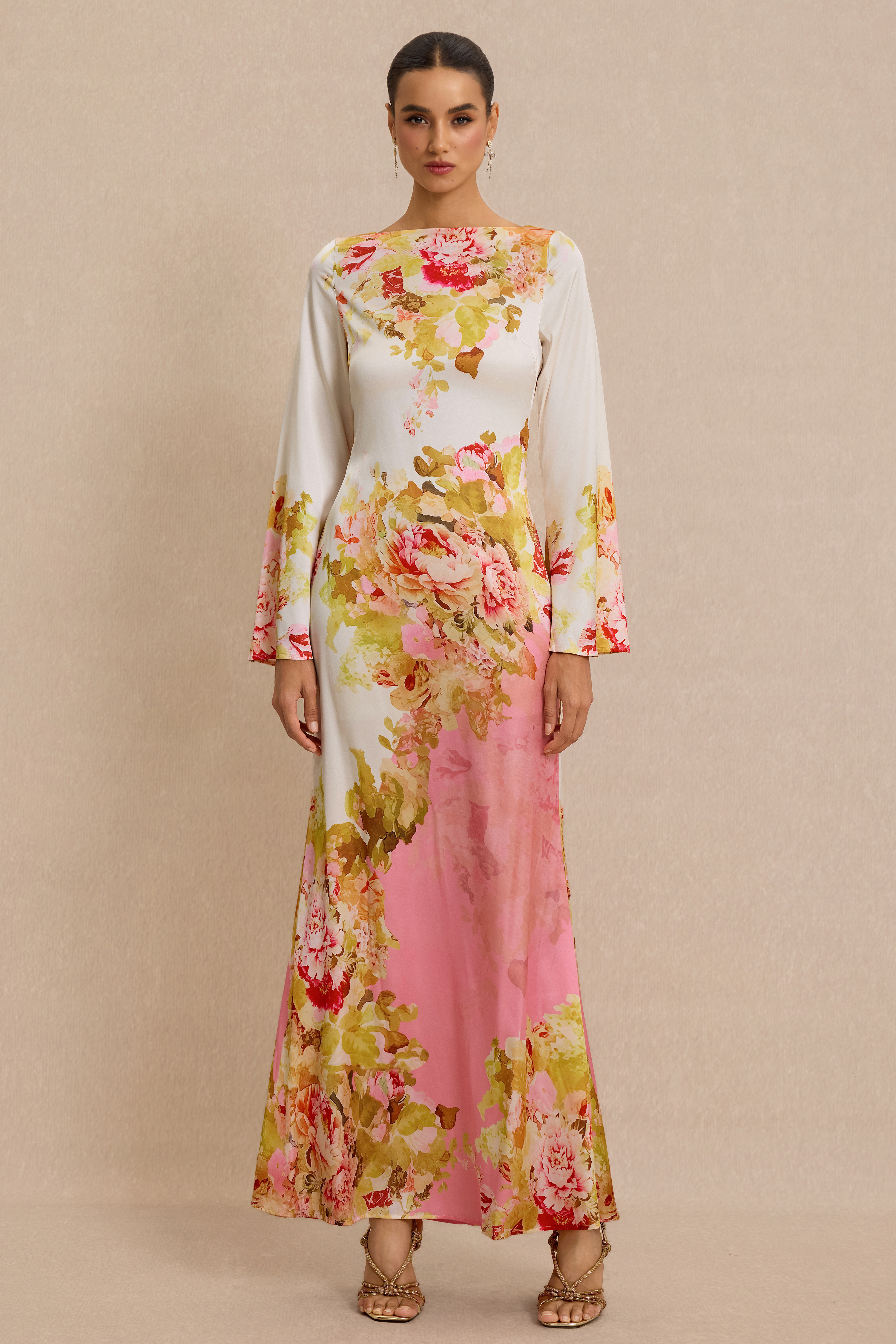 Floral Bell Sleeve Boat Neck Maxi Dress