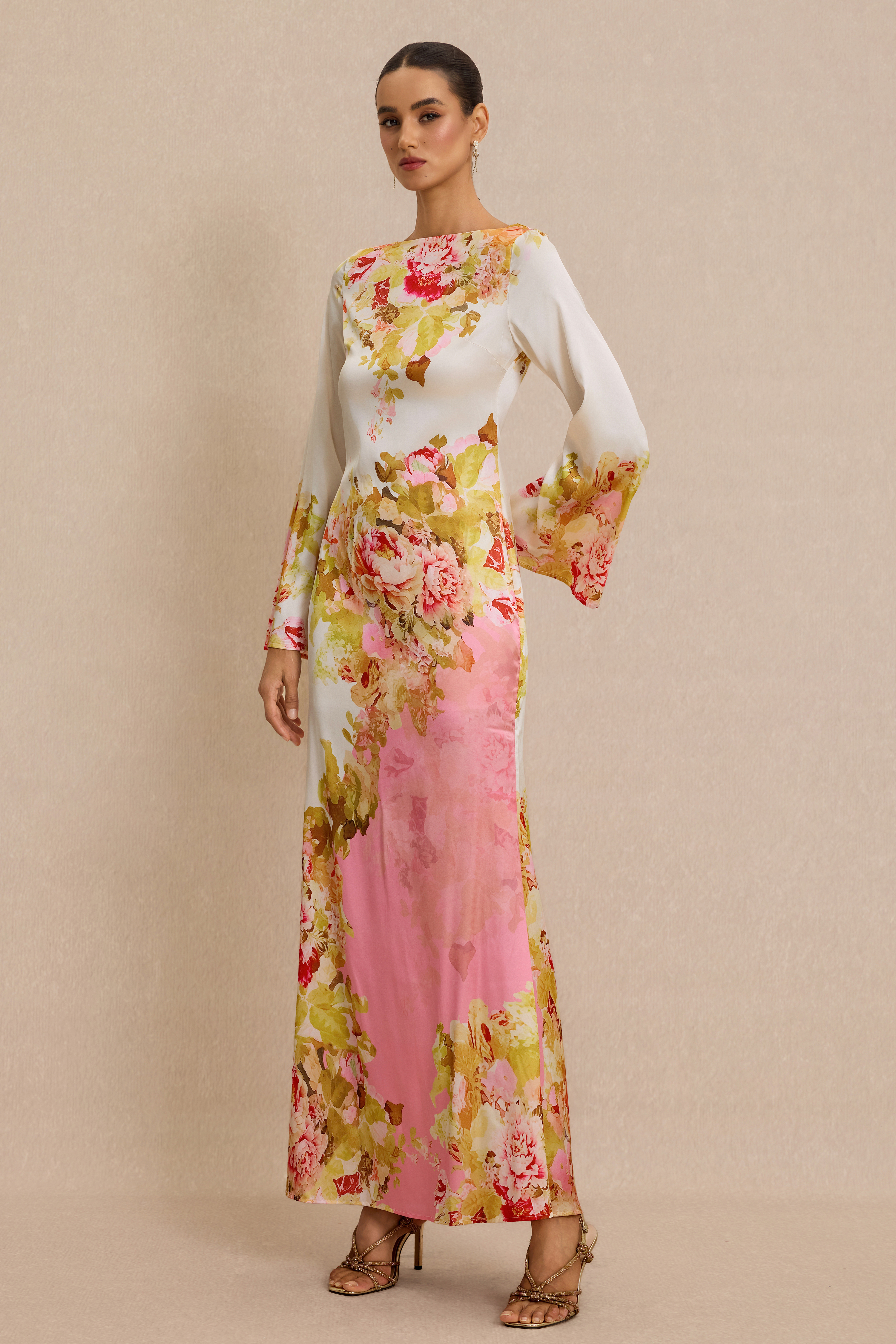 Floral Bell Sleeve Boat Neck Maxi Dress