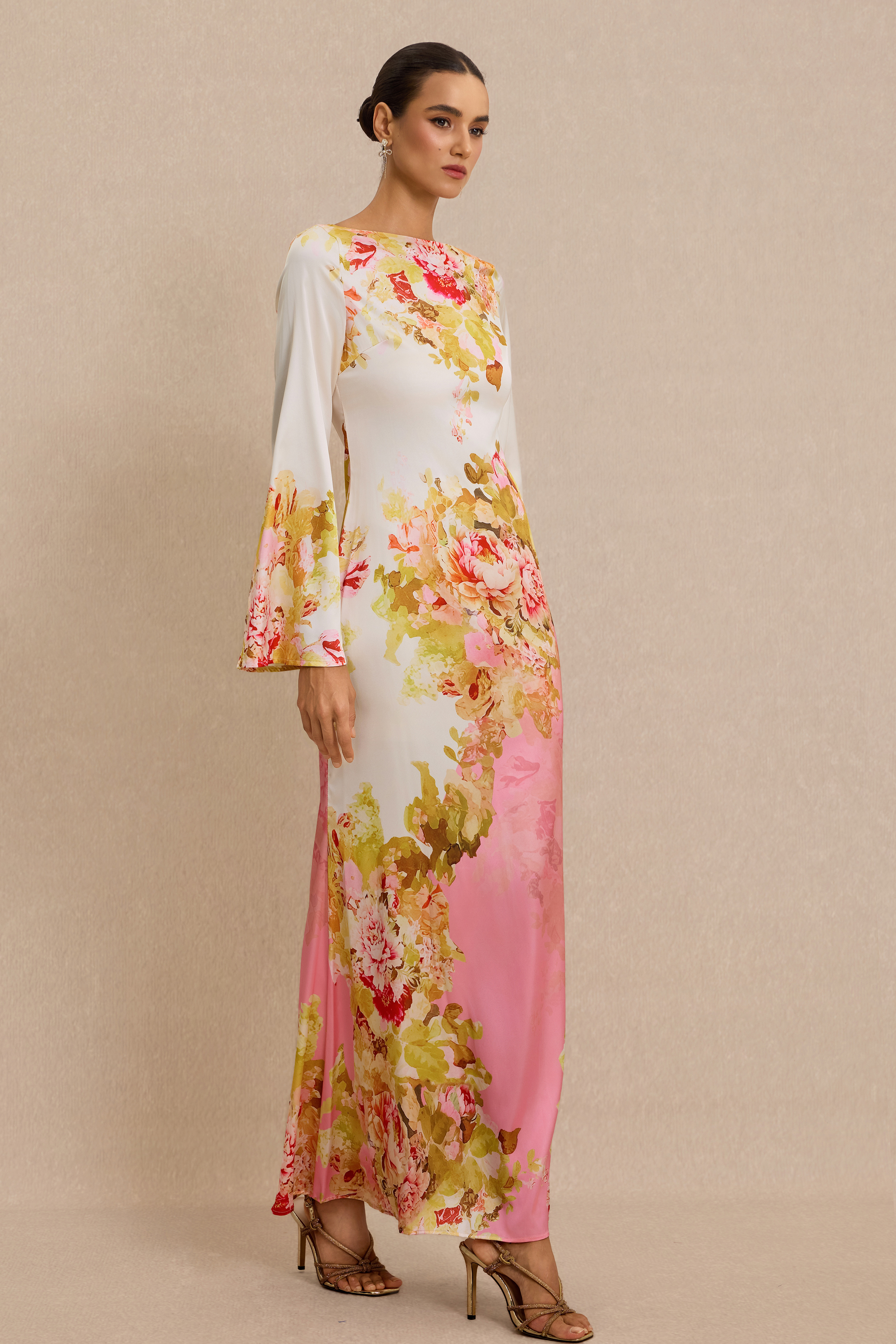 Floral Bell Sleeve Boat Neck Maxi Dress