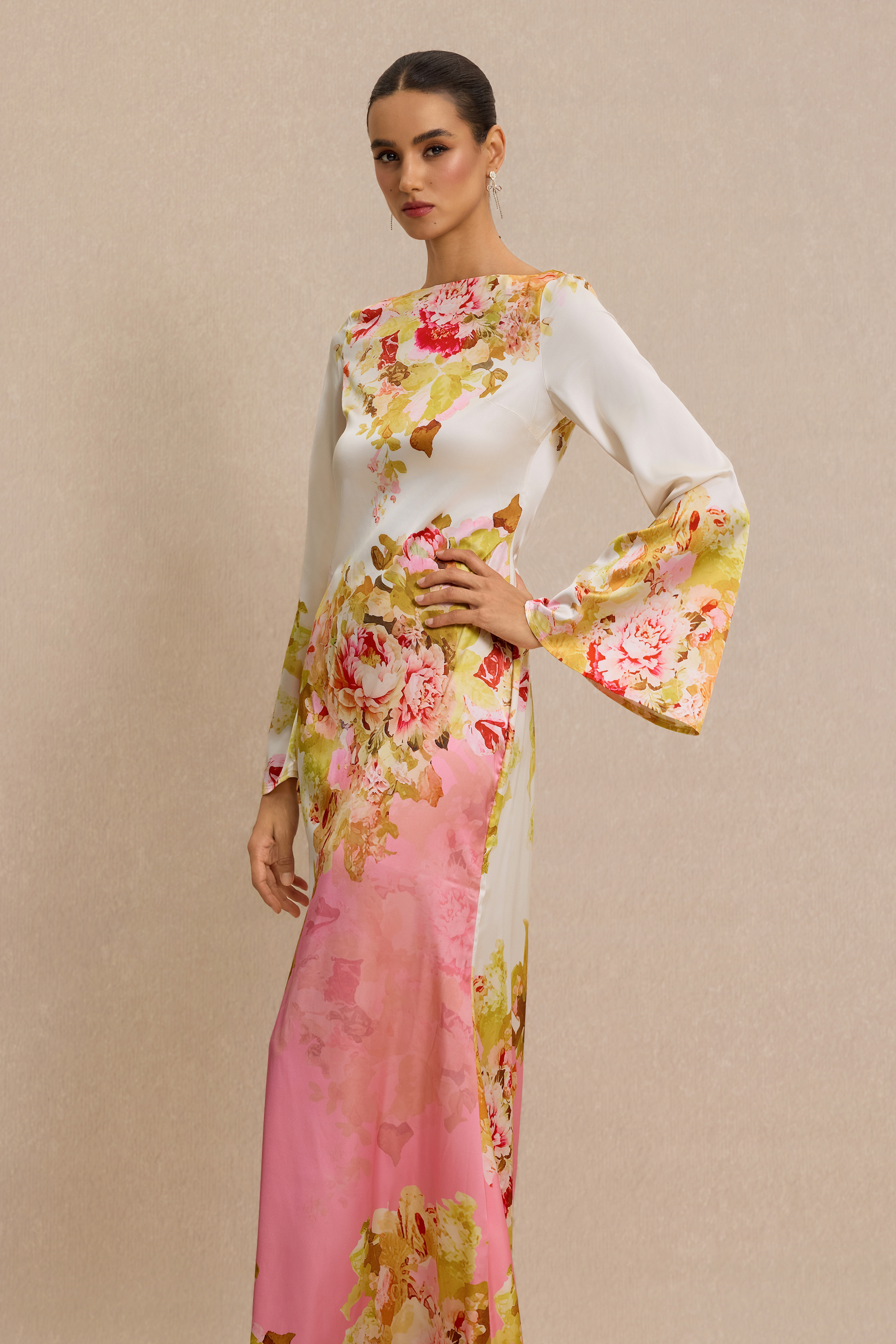 Floral Bell Sleeve Boat Neck Maxi Dress