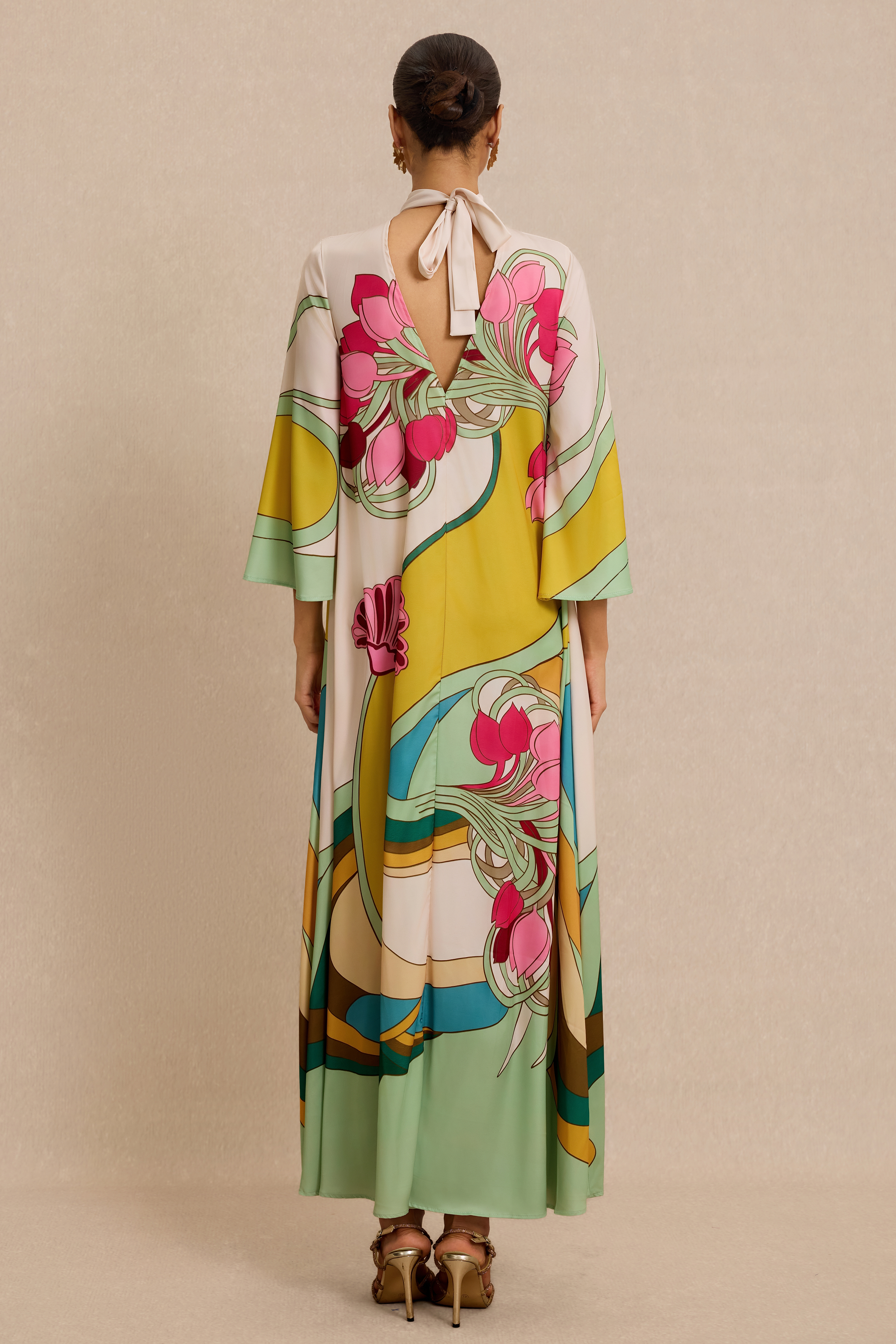 Satin Paisley Print  Bell Sleeve Midi Dress