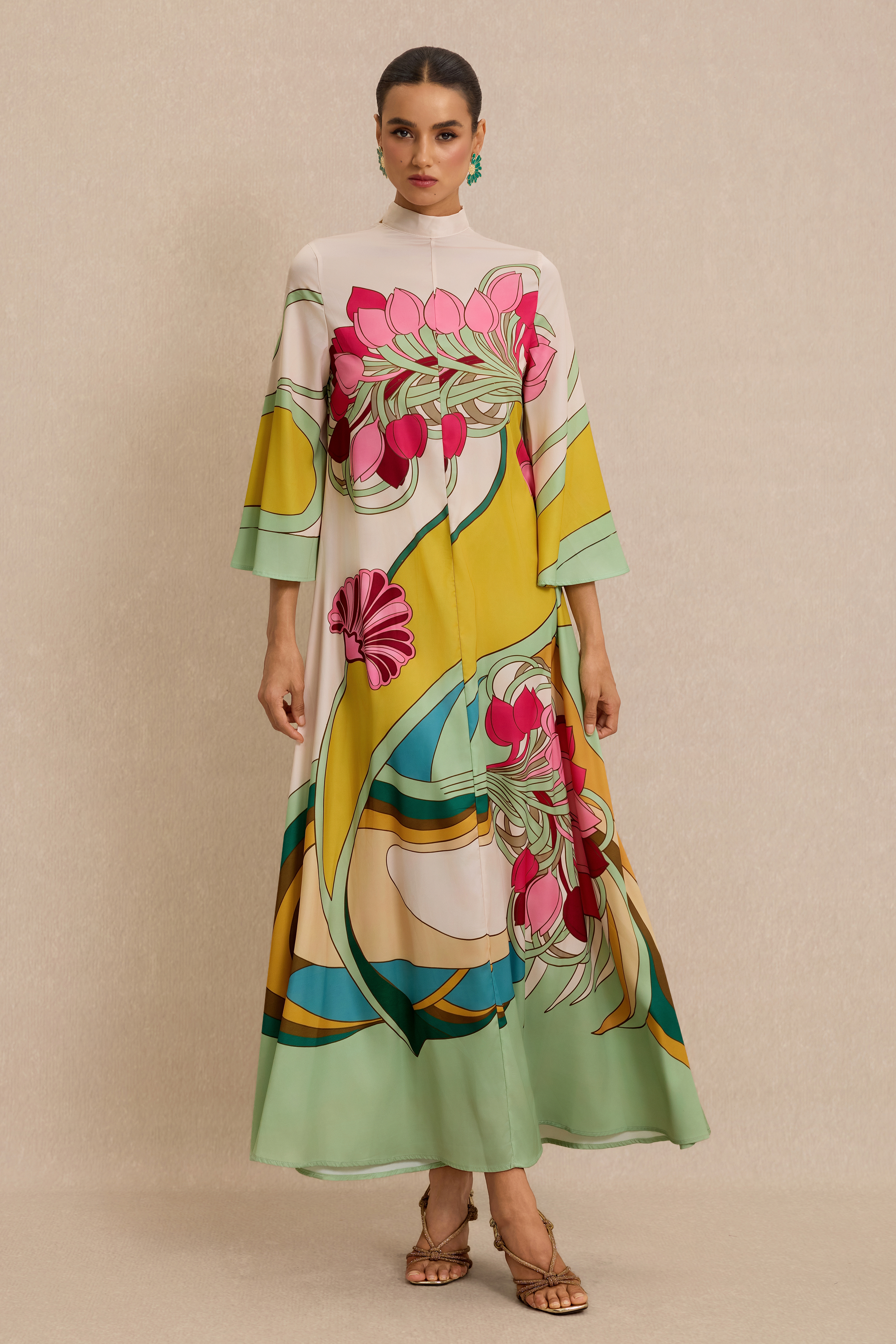 Satin Paisley Print  Bell Sleeve Midi Dress