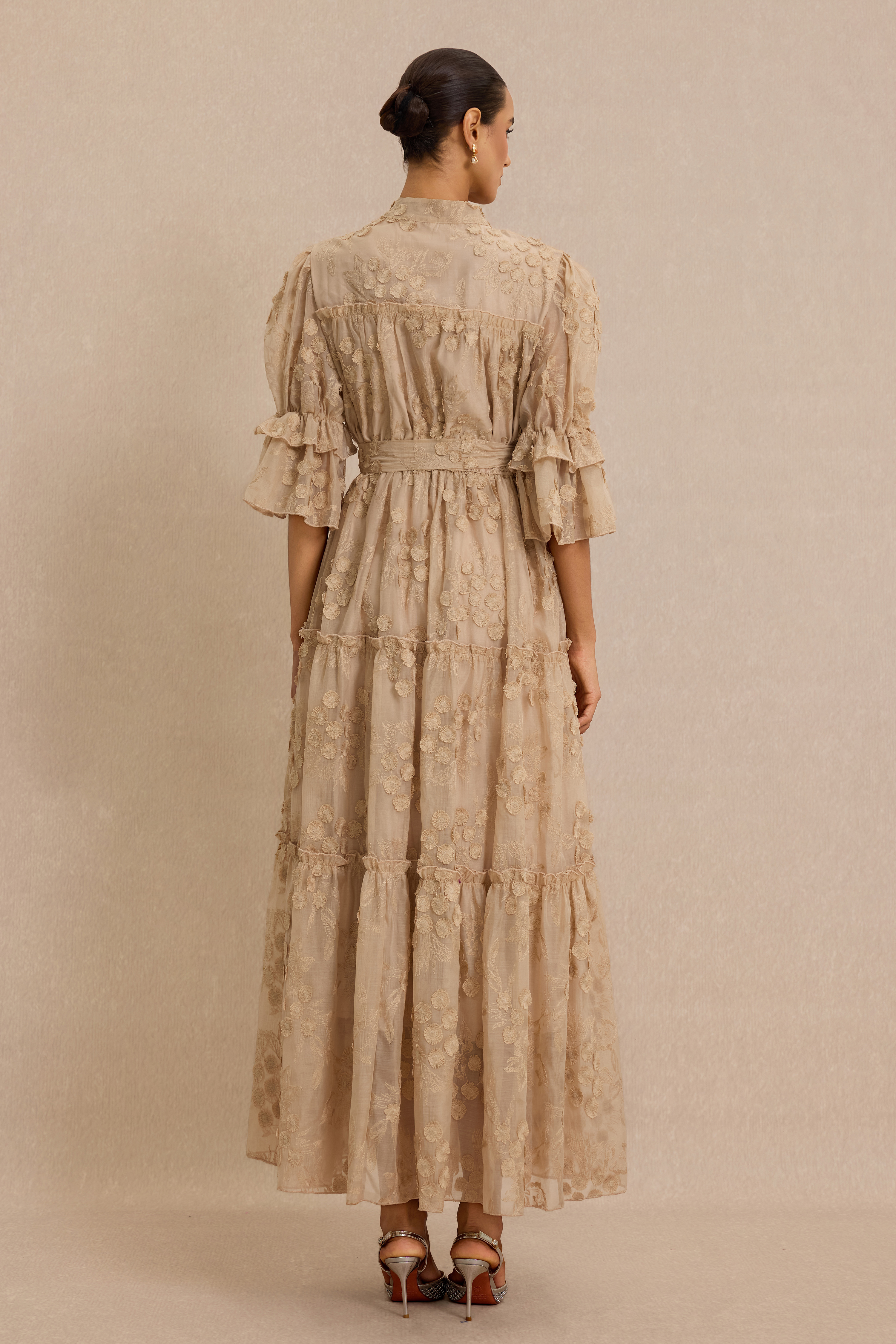 Embroidered Ruffle Midi Dress With Belt