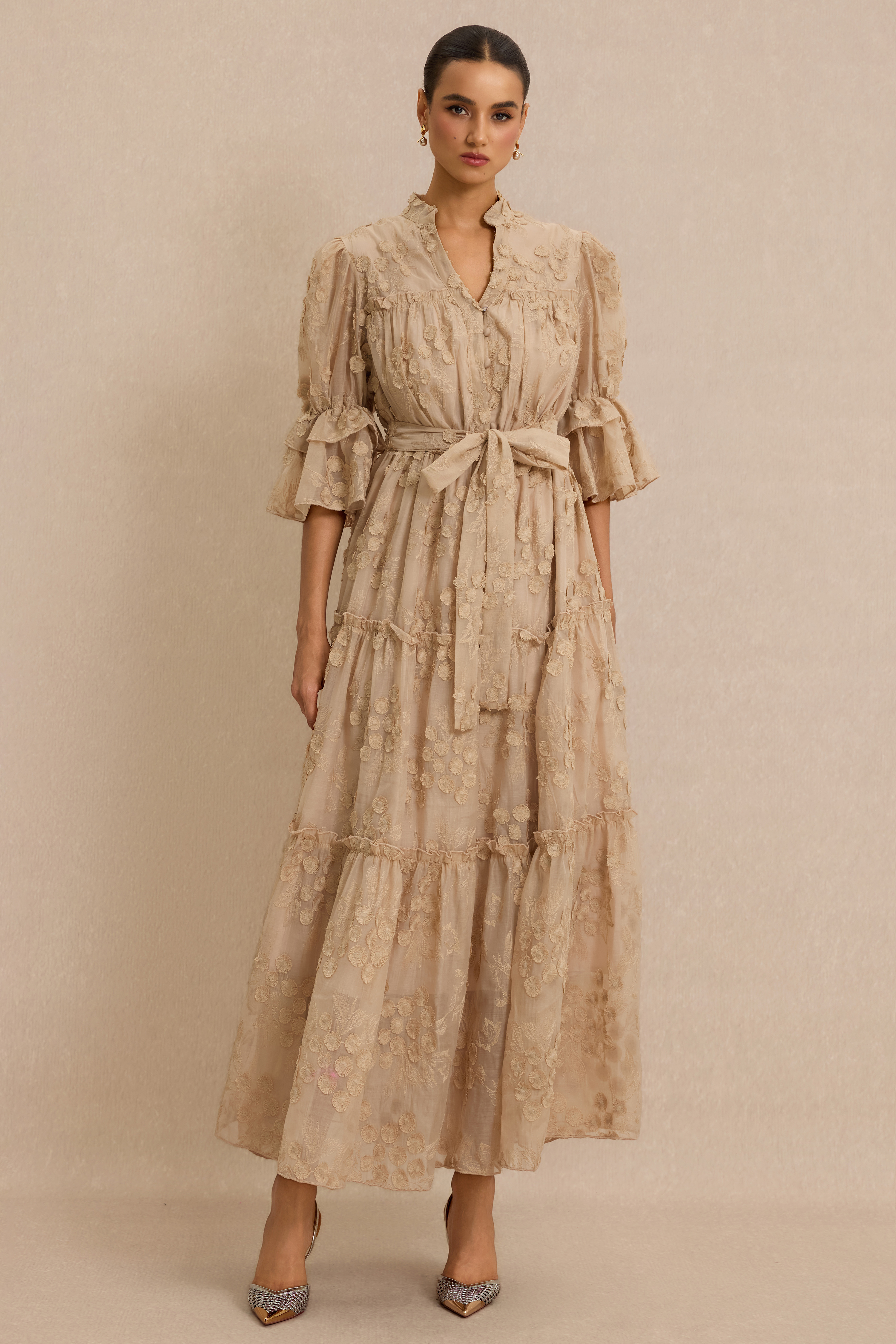 Embroidered Ruffle Midi Dress With Belt