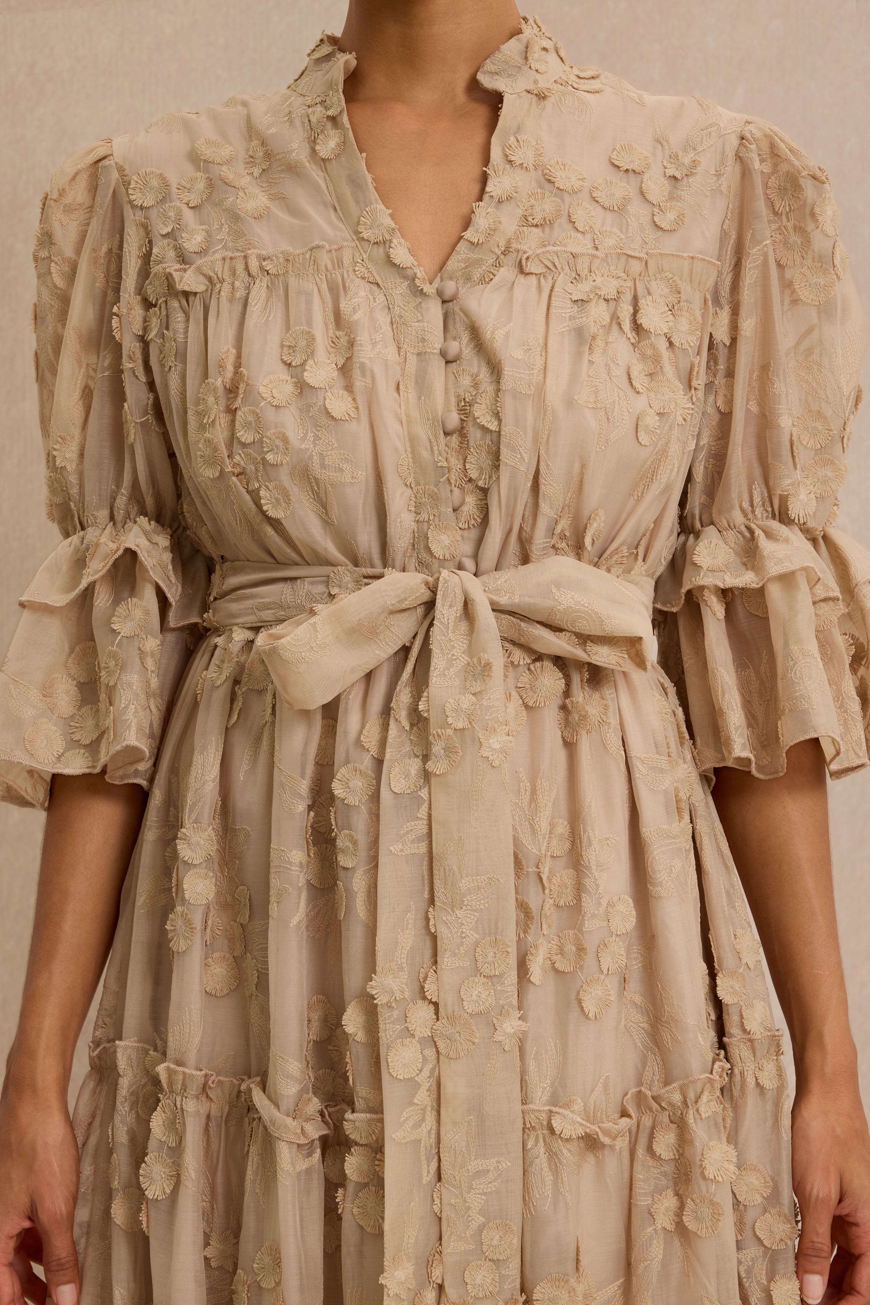 Embroidered Ruffle Midi Dress With Belt