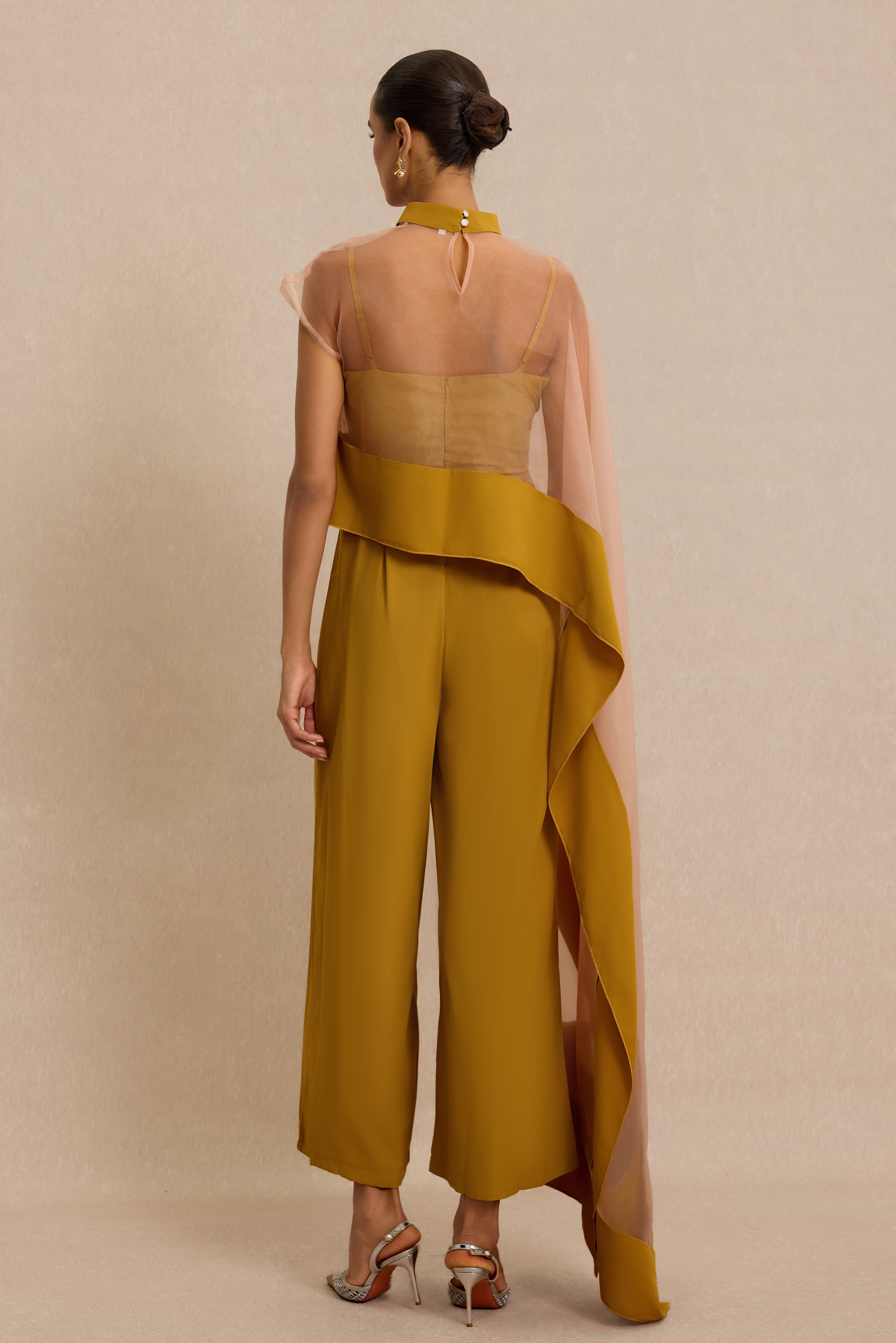 Solid Jumpsuit With Organza Cape