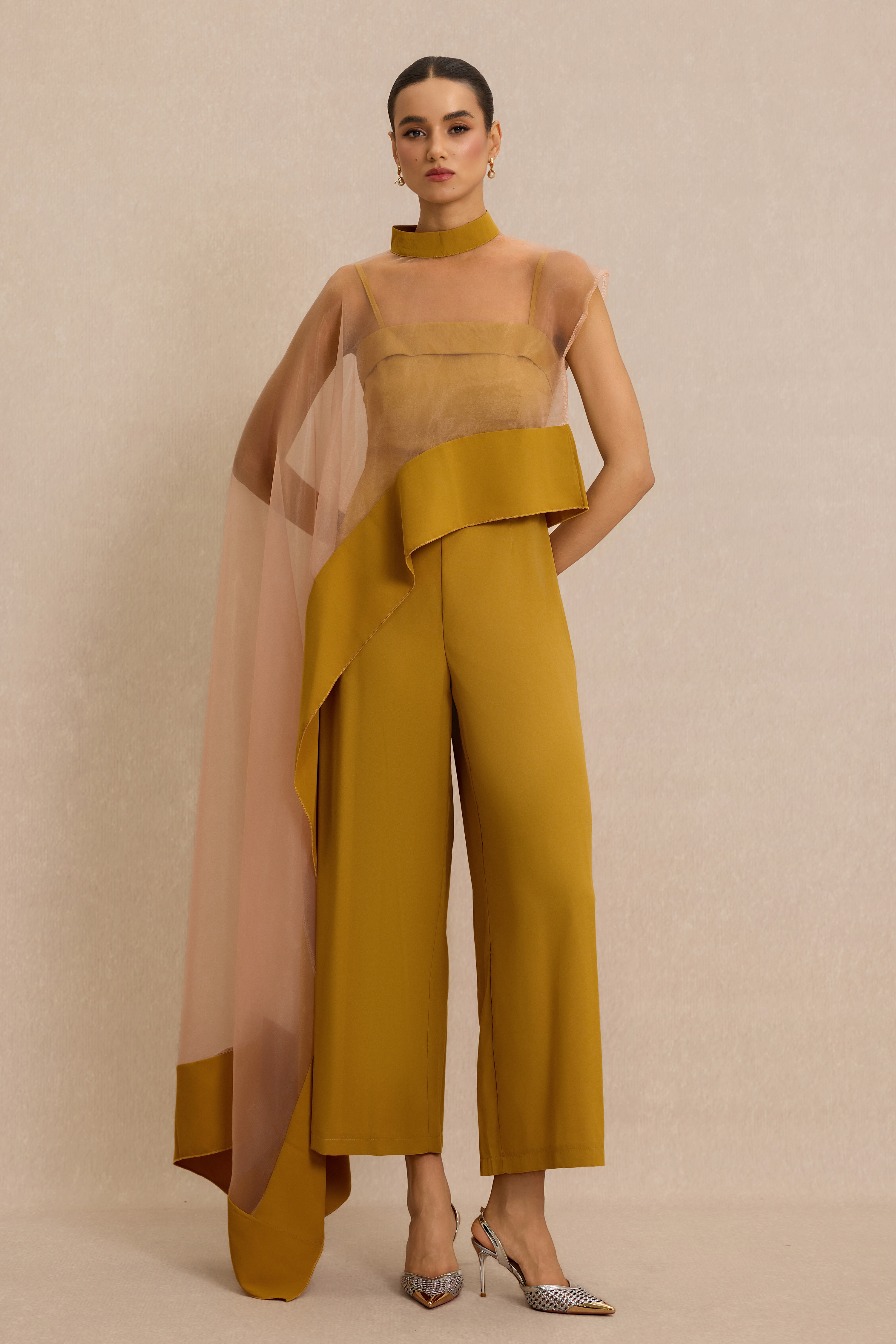 Solid Jumpsuit With Organza Cape