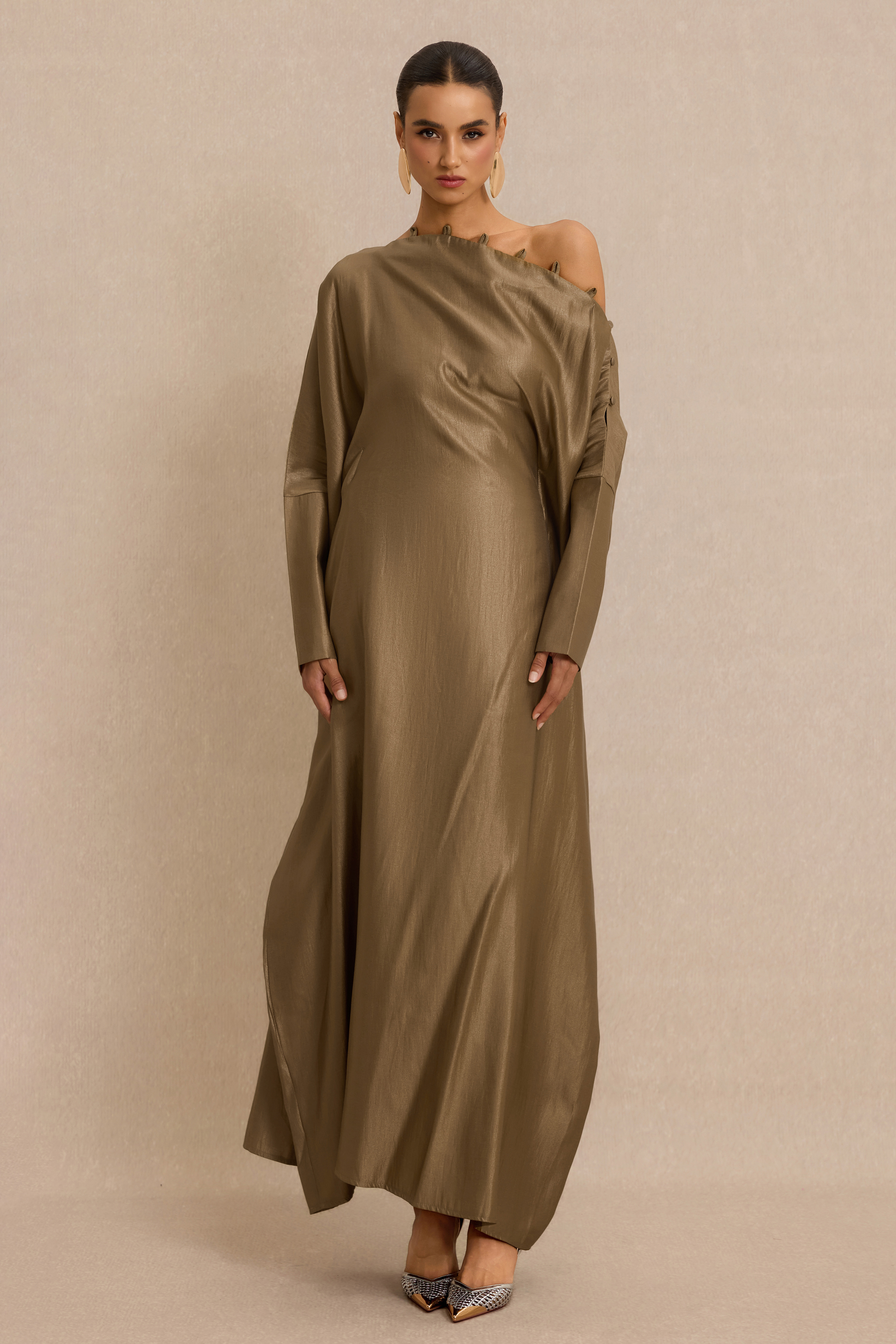 Button Decorations Long Sleeve Maxi Dress